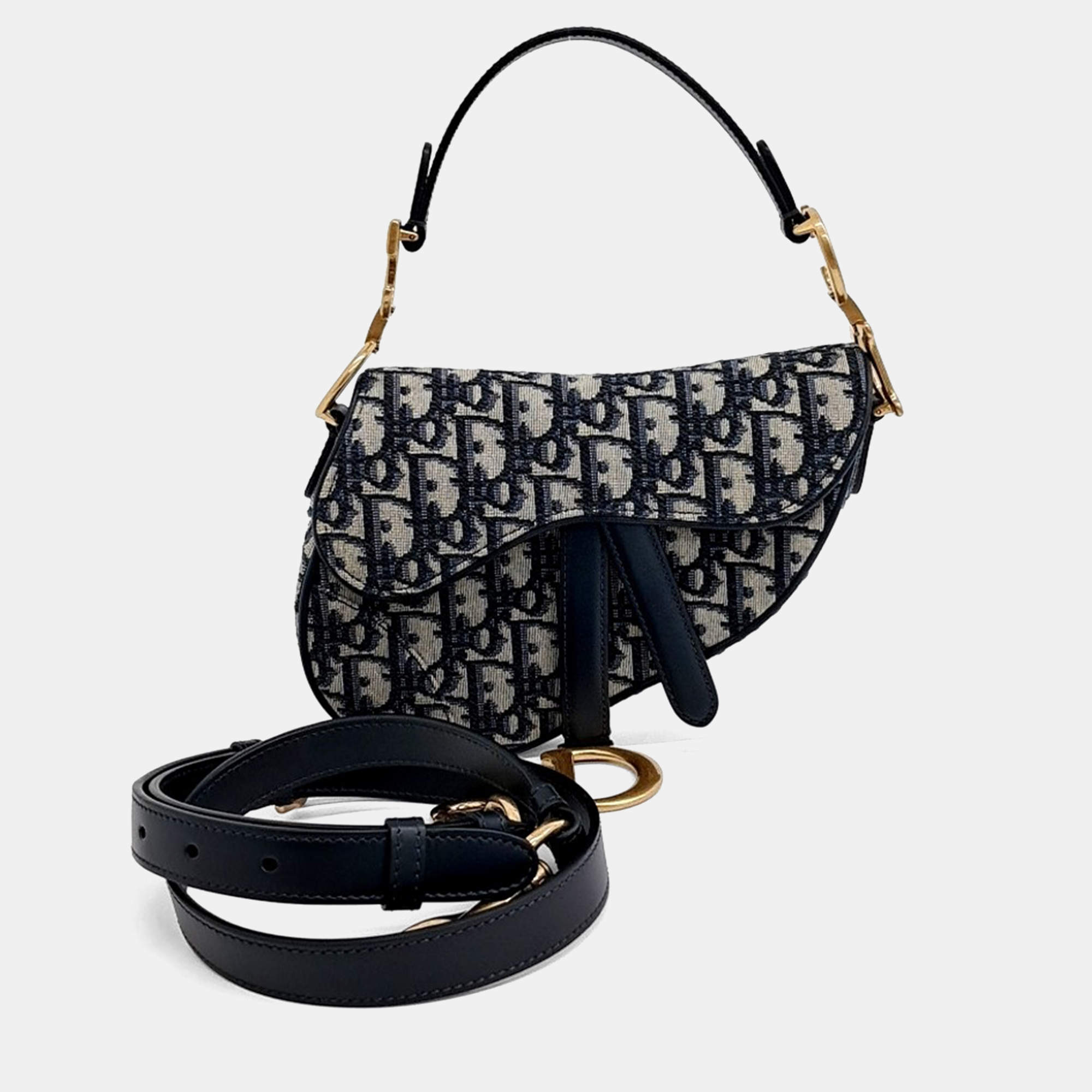 Pre Owned Dior Navy Blue Fabric Oblique Mini Saddle Strap Bag