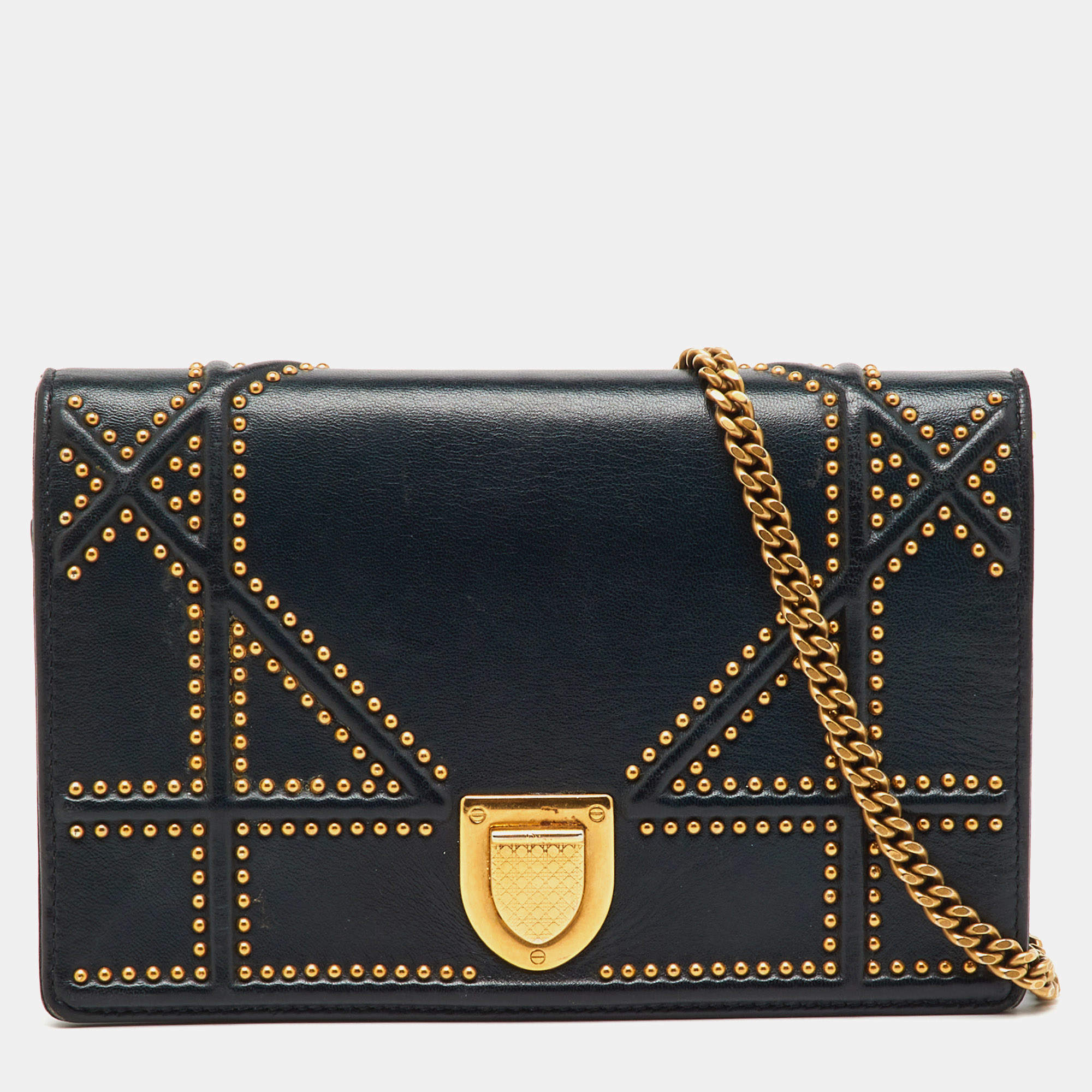 Pre Owned Dior Black Leather Studded Diorama Wallet On Chain