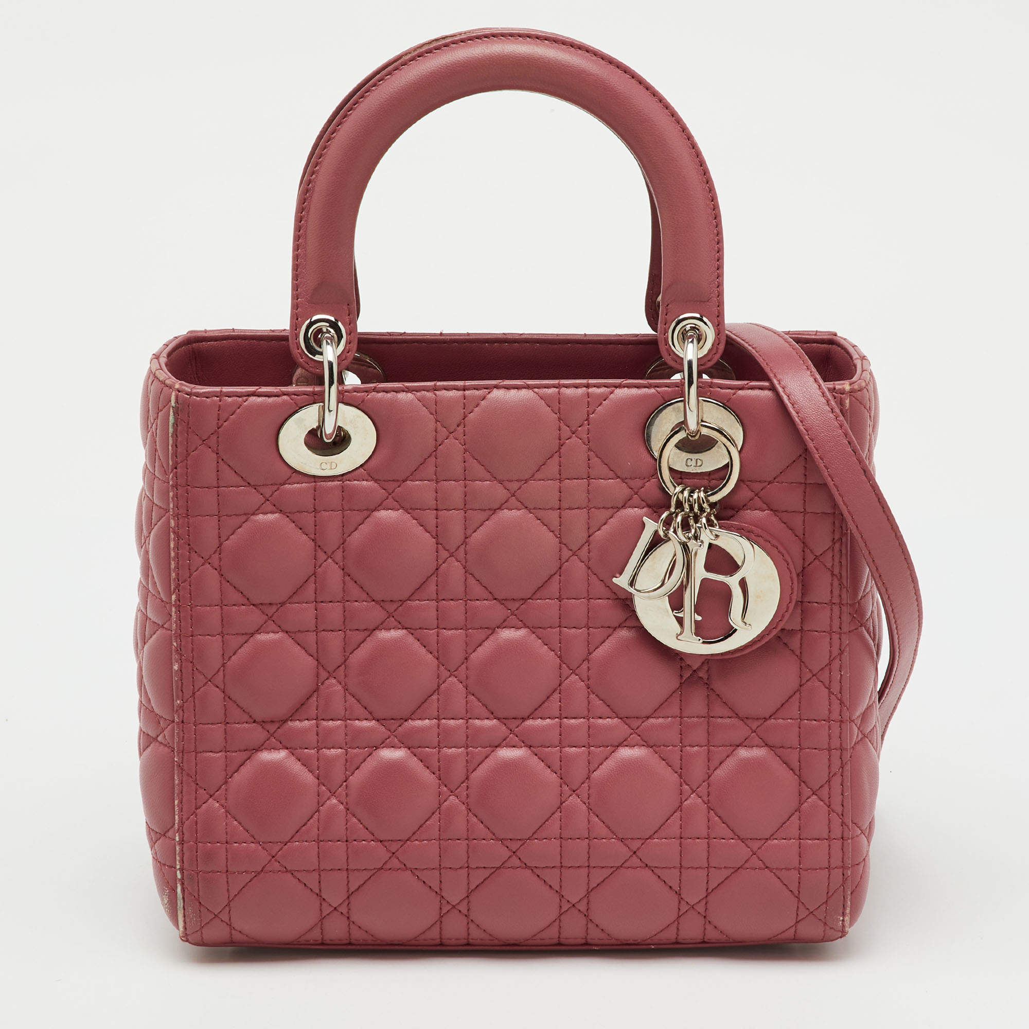Pre Owned Dior Rose Pink Cannage Leather Medium Lady Dior Tote