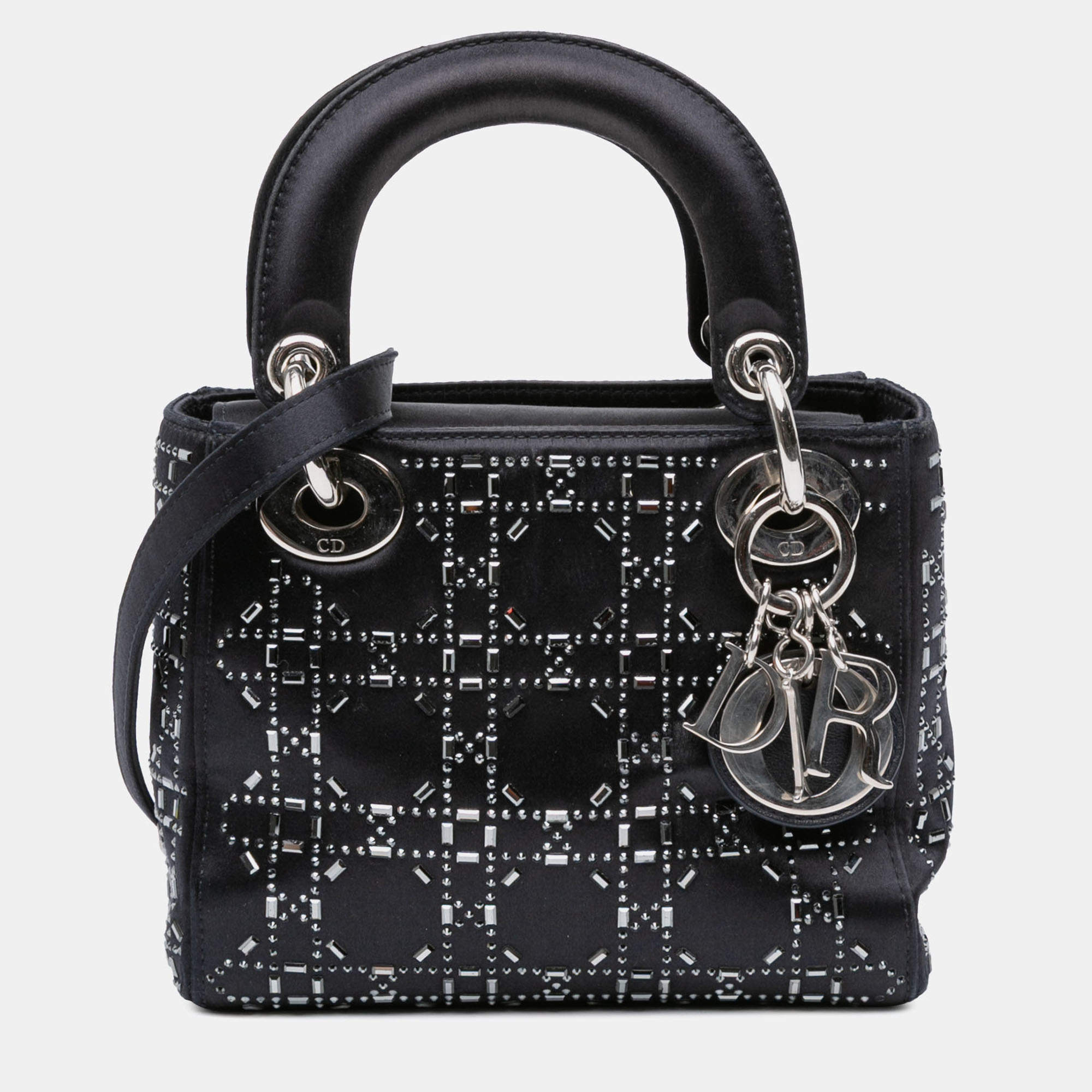 Pre Owned Dior Black Mini Satin Cannage Strass Crystal Embellished Lady Dior