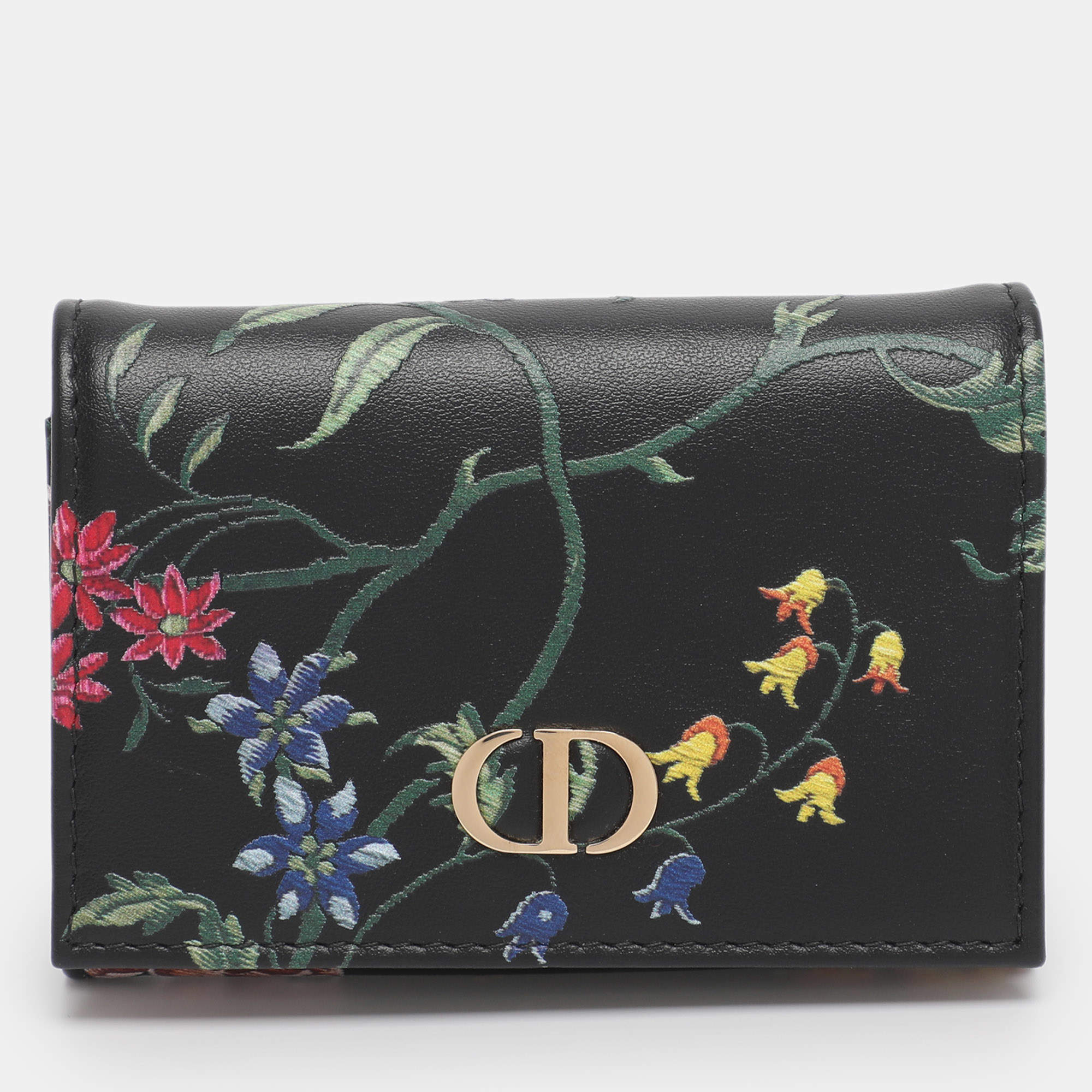 Pre Owned Dior Black Leather Petites Fleurs Embroidered Caro Glycine Wallet