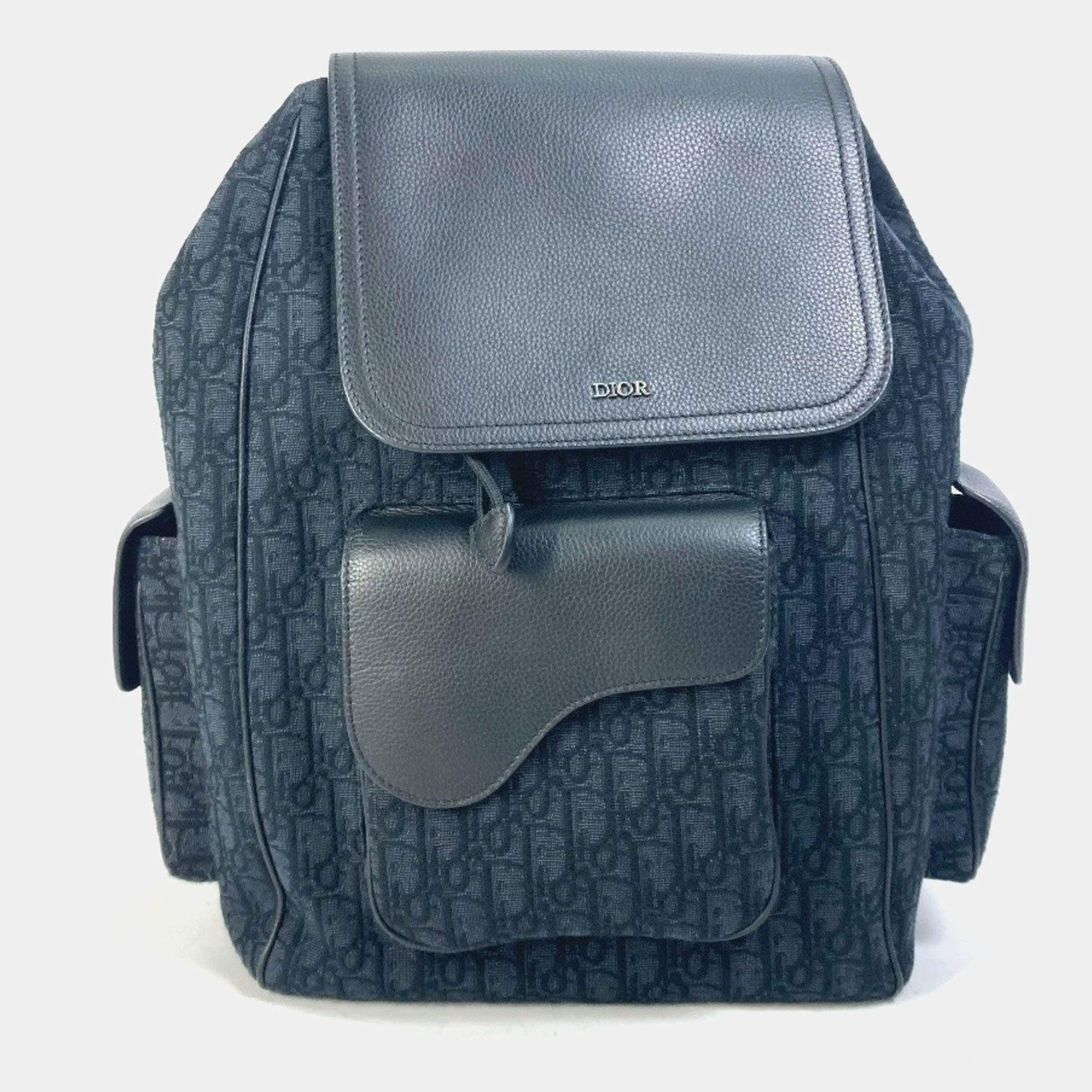 Pre Owned Christian Dior Dior Saddle Oblique Backpack Navy Canvas And Leather.