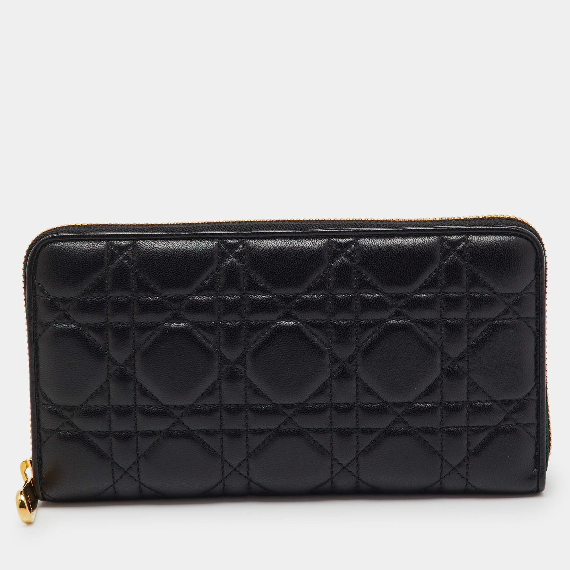 Pre Owned Dior Black Cannage Leather Lady Dior Zip Around Wallet