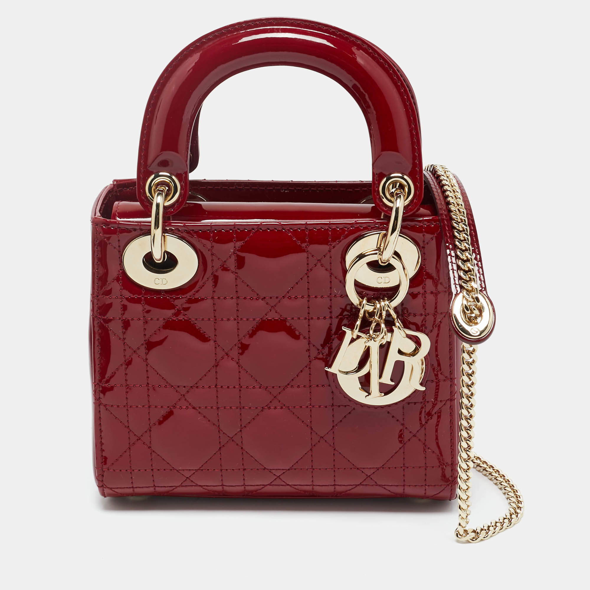 Pre Owned Dior Red Cannage Patent Leather Mini Lady Dior Tote
