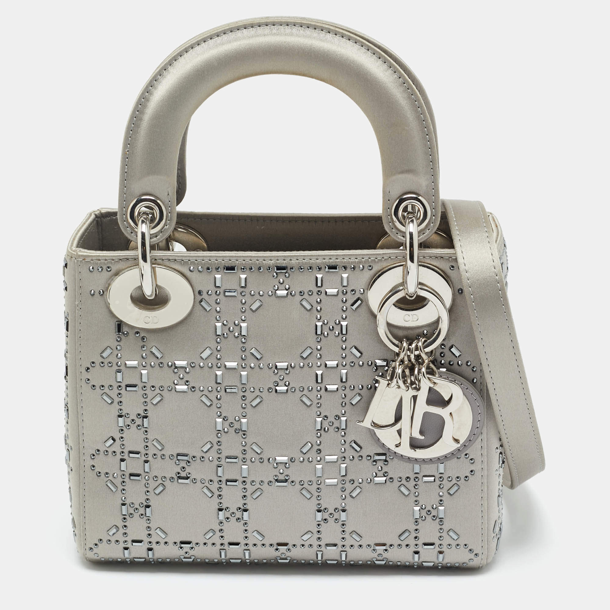 Pre Owned Dior Grey Cannage Satin Mini Crystal Lady Dior Tote