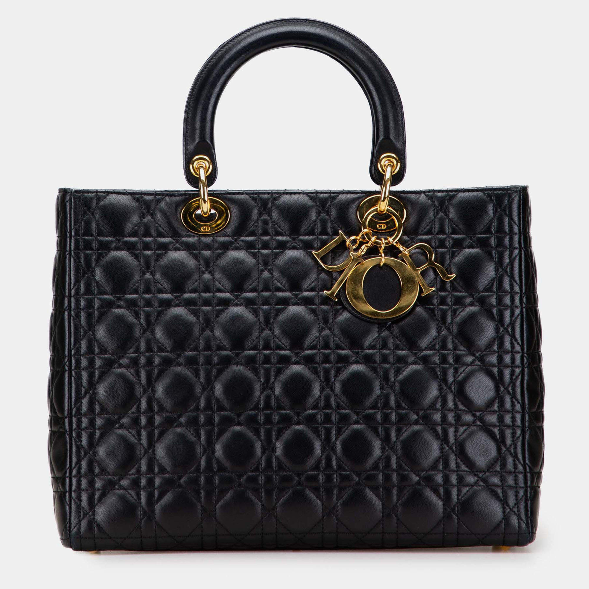 Pre Owned Dior Black Large Lambskin Cannage Lady Dior