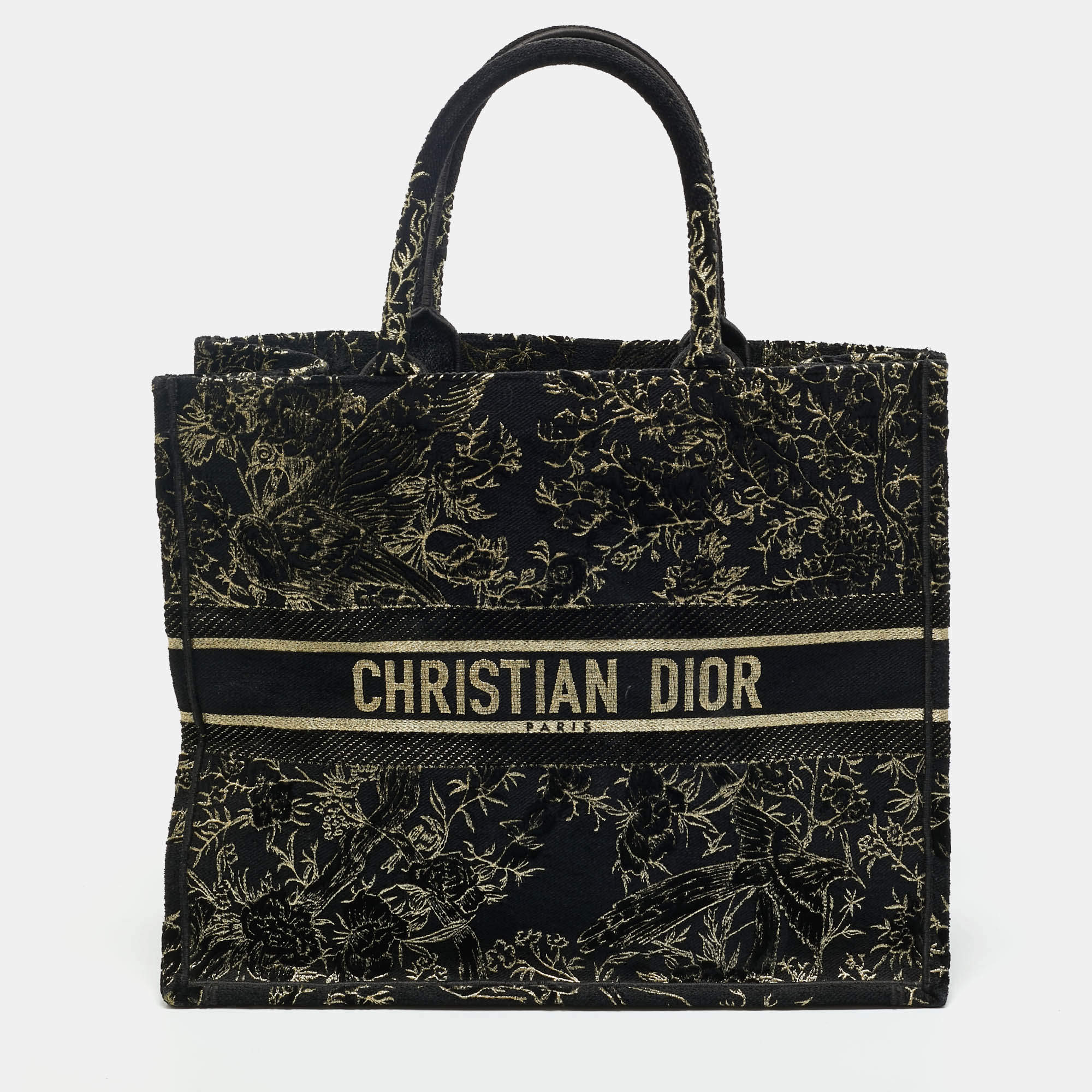 Pre Owned Dior Black/Gold Embroidered Canvas Large Jardin d'Hiver Book Tote