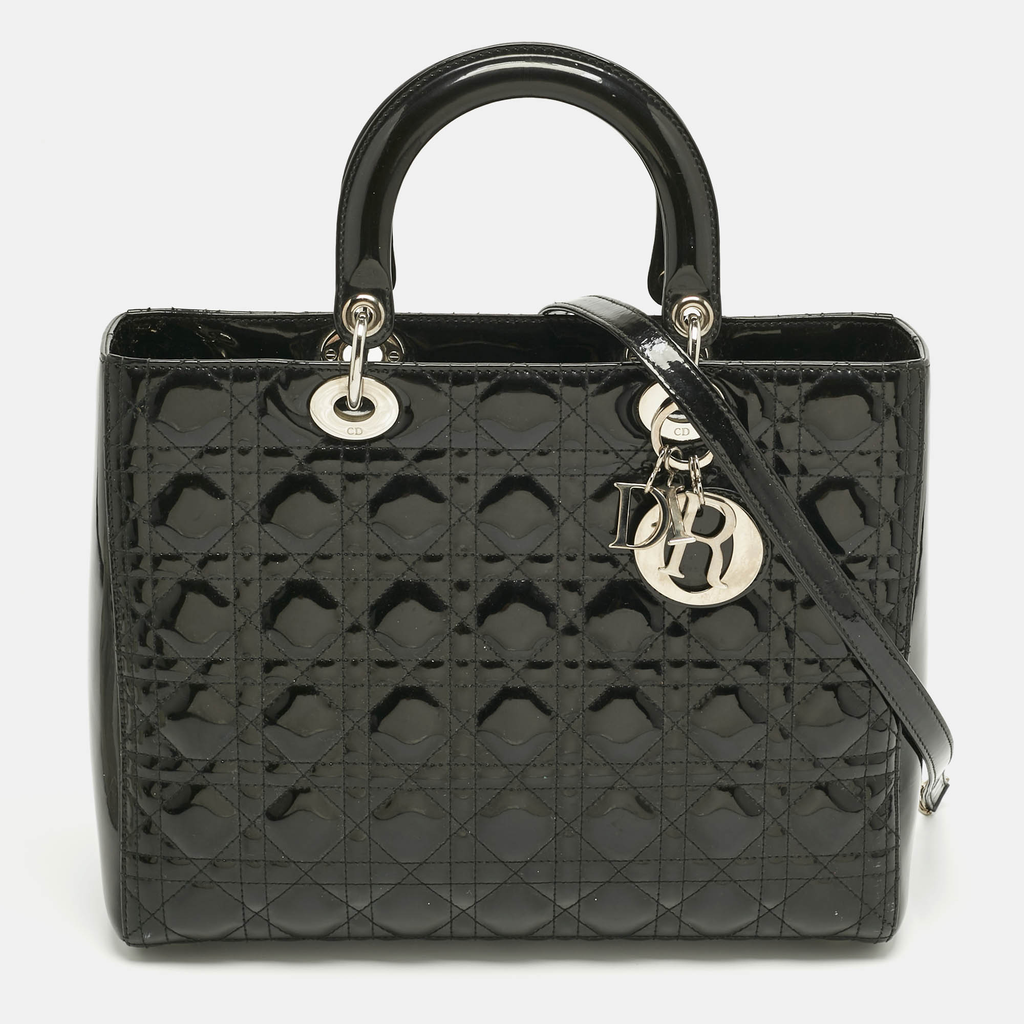Pre Owned Dior Charcoal Black Cannage Patent Leather Large Lady Dior Tote