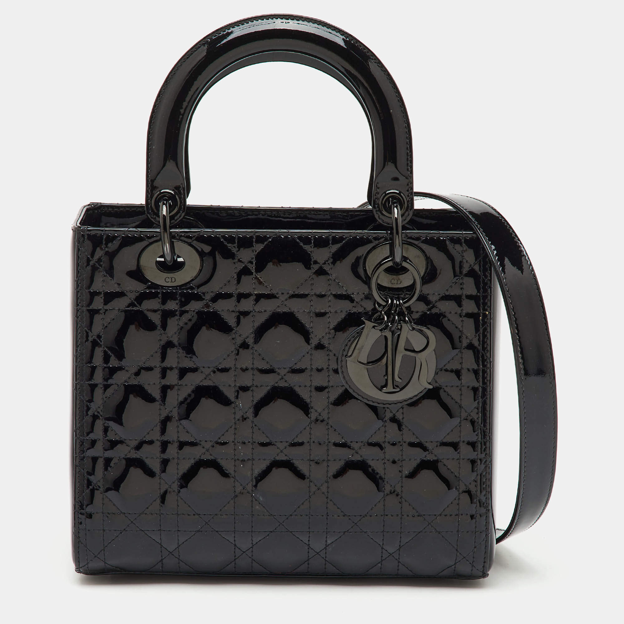 Pre Owned Dior Black Cannage Patent Leather Medium Lady Dior Tote