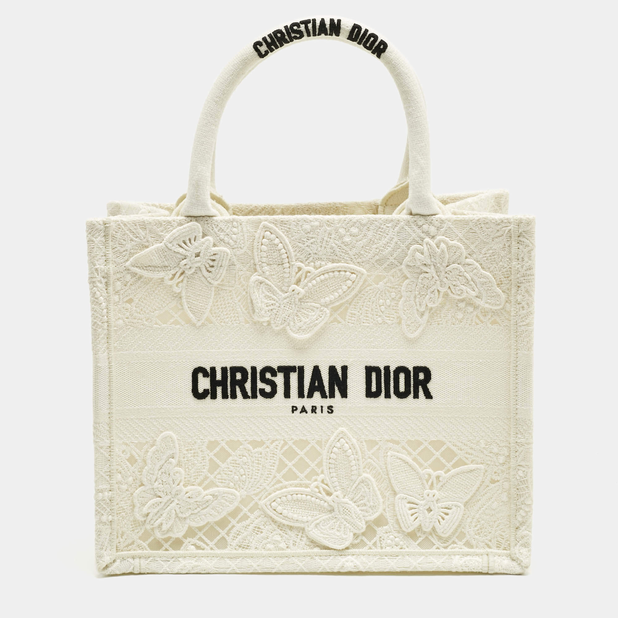 Pre Owned Dior White D-Lace Embroidered Canvas Small Book Tote