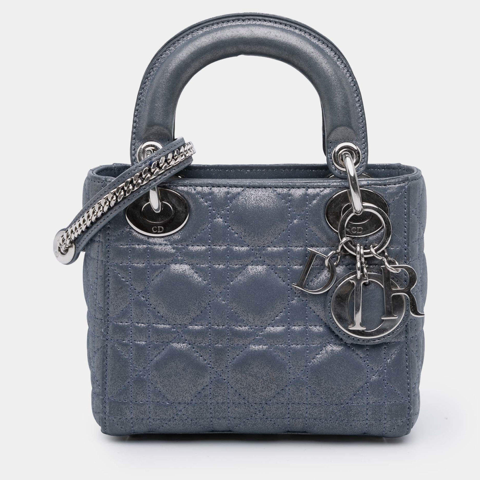 Pre Owned Dior Blue Mini Iridescent Lambskin Cannage Lady Dior