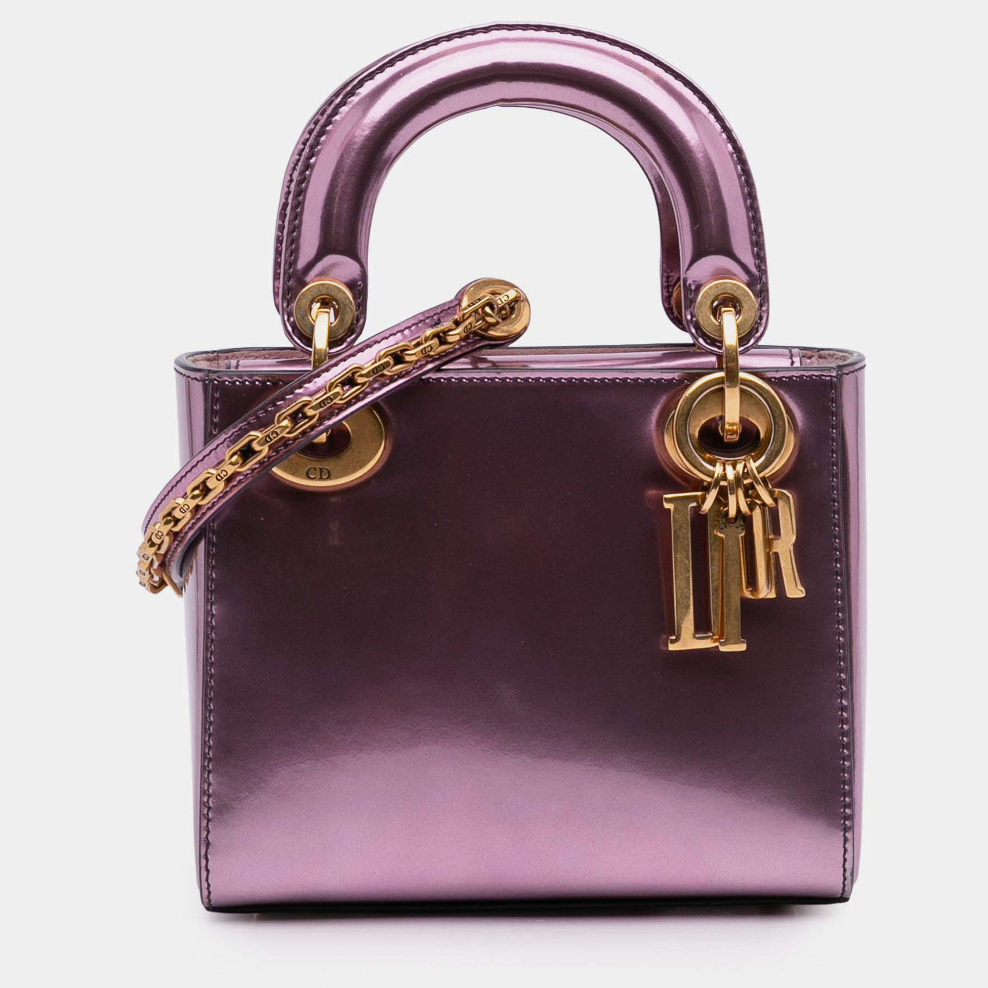 Pre Owned Dior Pink Mini Metallic Glazed Calfskin Lady Dior