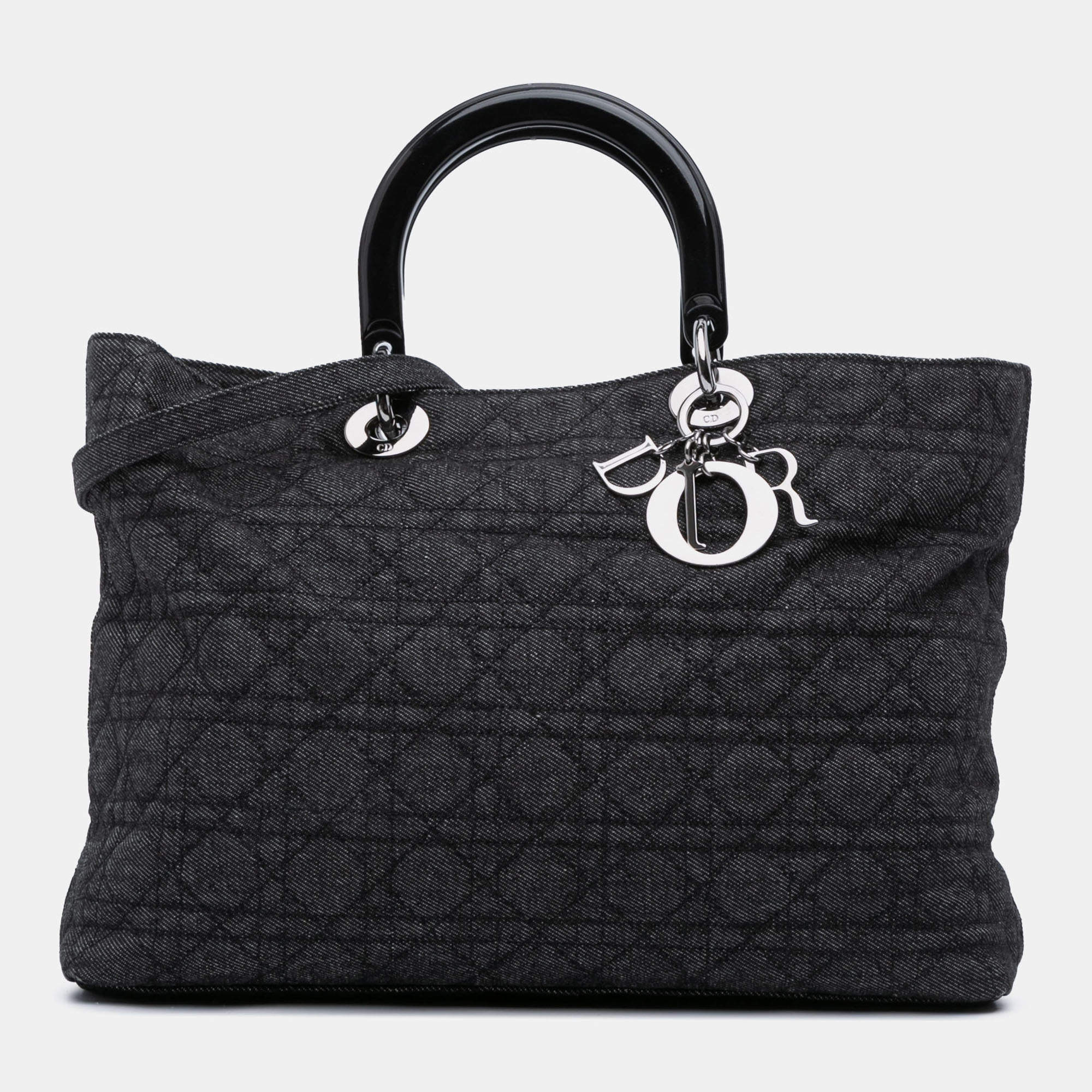 Pre Owned Dior Black Extra Large Denim Cannage Lady Dior