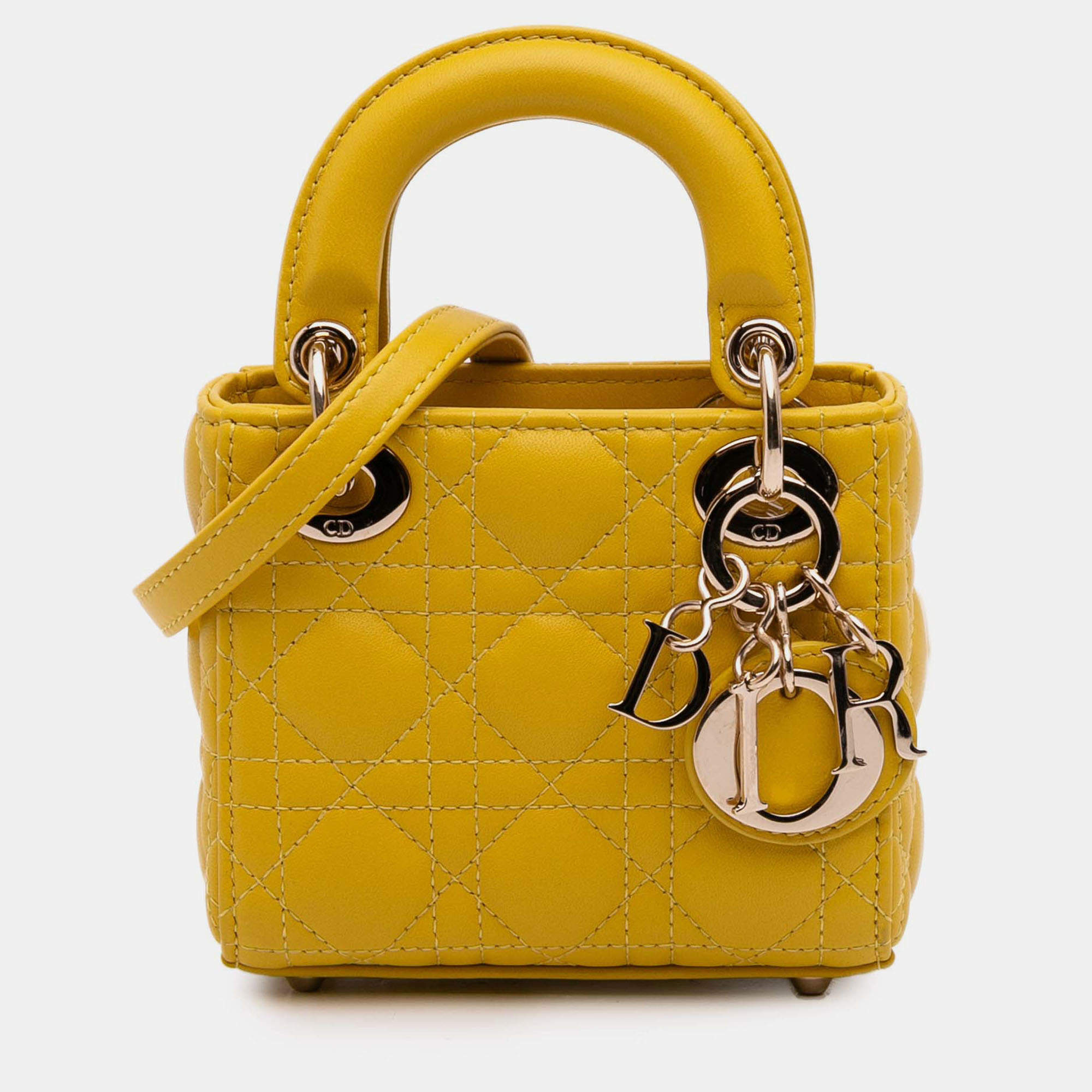 Pre Owned Dior Yellow Micro Lambskin Cannage Lady Dior