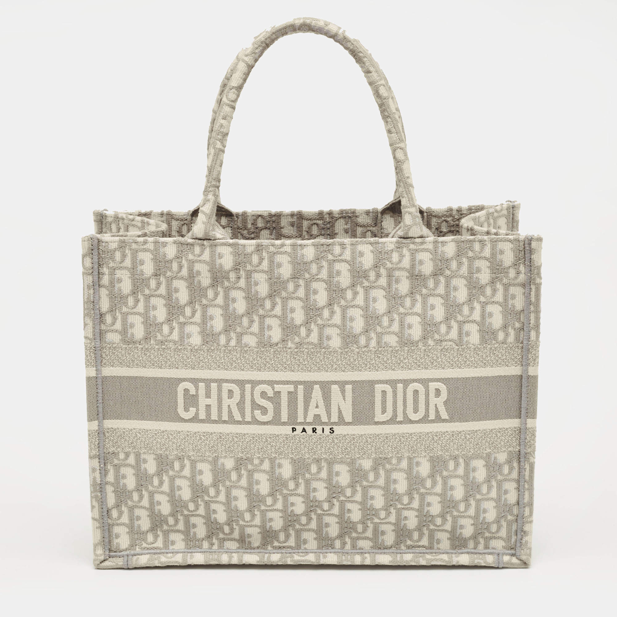 Pre Owned Dior Grey Oblique Embroidered Canvas Medium Book Tote