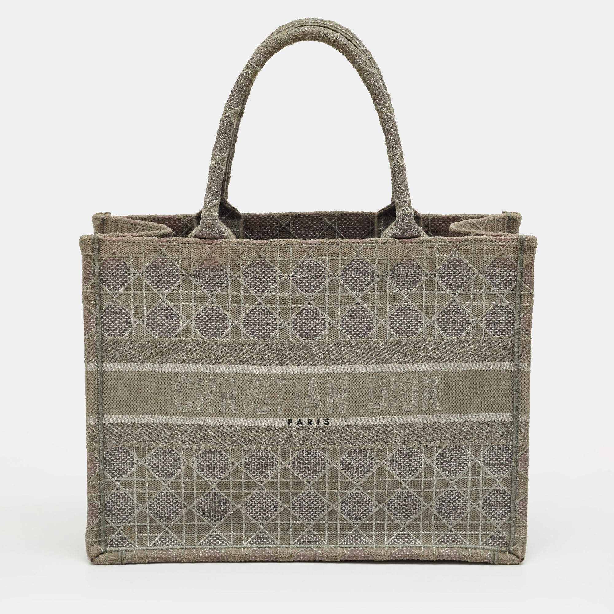 Pre Owned Dior Grey Embroidered Cannage Canvas Medium Book Tote