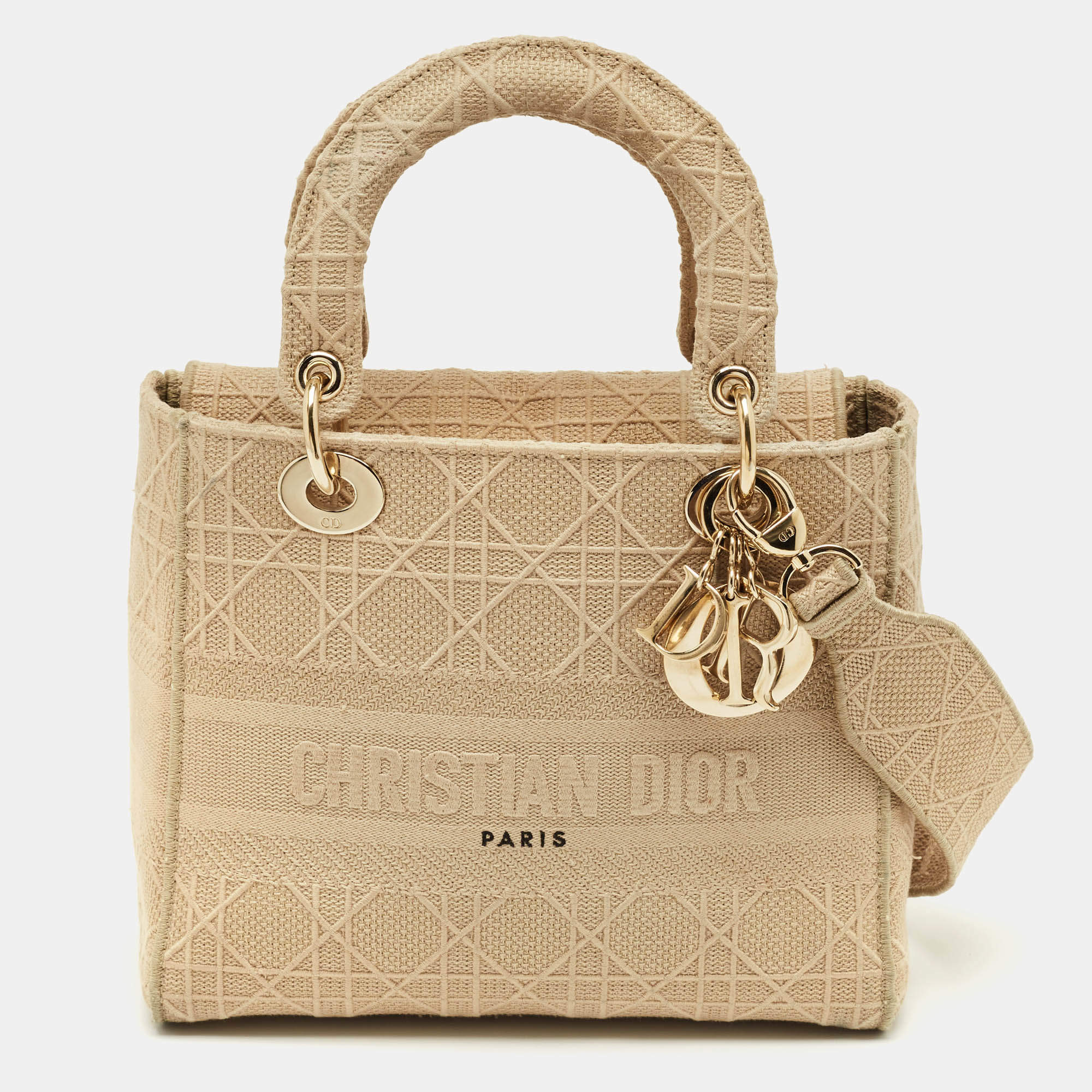 Pre Owned Dior Beige Cannage Embroidered Canvas Medium Lady D-Lite Tote
