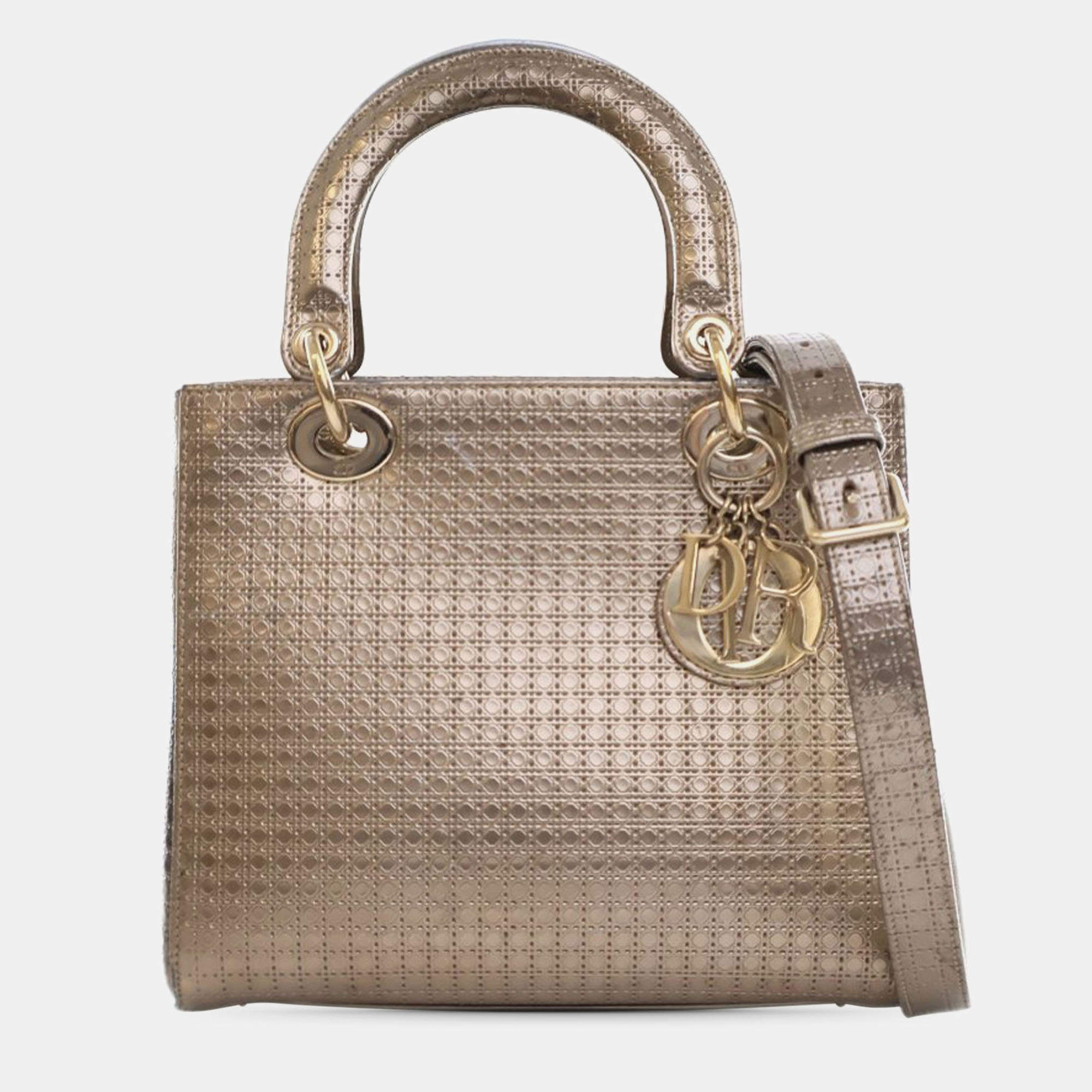 Pre Owned Dior Gold Medium Metallic Patent Microcannage Lady Dior