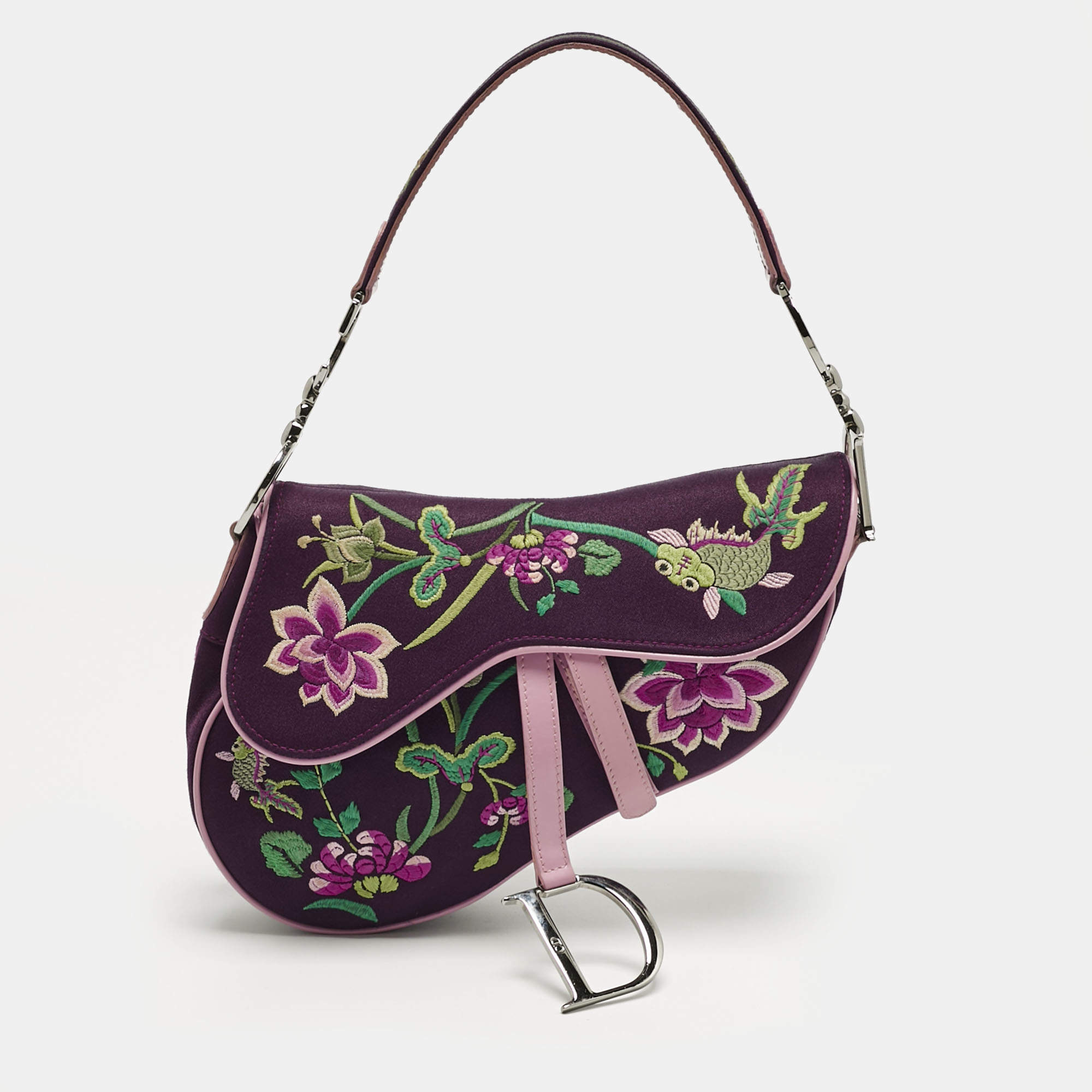 Pre Owned Dior Purple/Pink Embroidered Silk Limited Edition 0336 Floral And Koi Saddle Bag