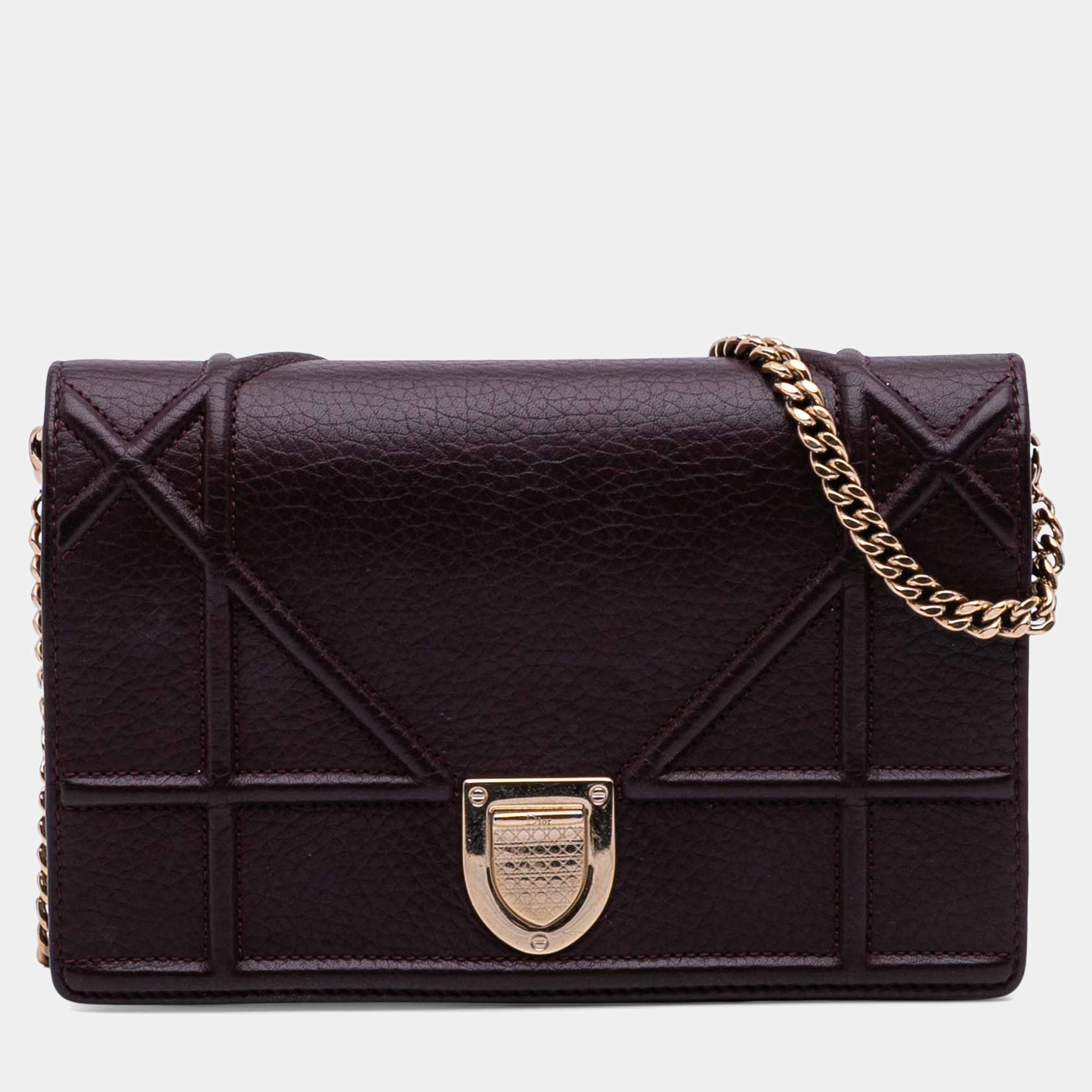 Pre Owned Dior Burgundy Grained Calfskin Diorama Wallet on Chain