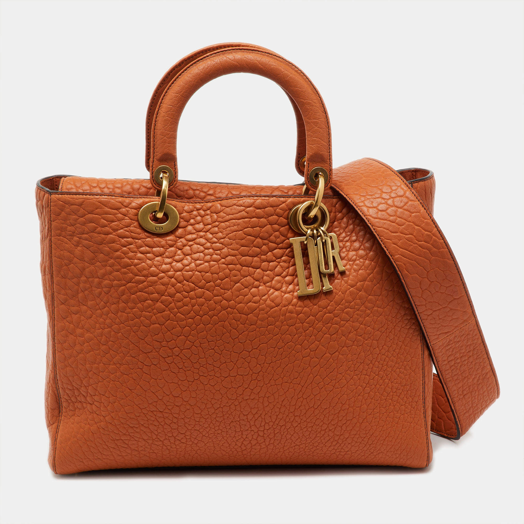 Pre Owned Dior Orange Canyon Grained Leather Large Lady Dior Tote