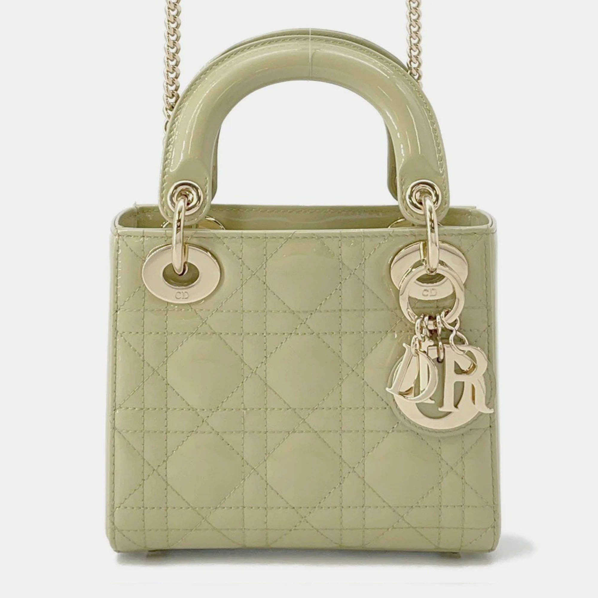 Pre Owned Dior Lady Dior  Light Green Patent Leather Mini 2Way Handbag