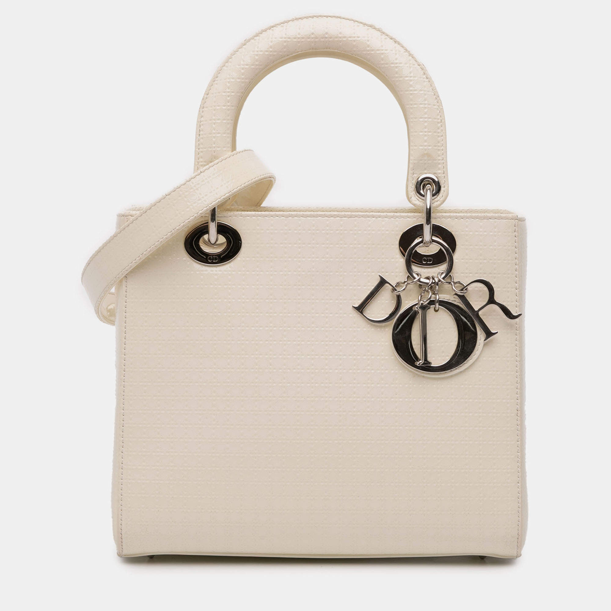 Pre Owned Dior White Medium Patent Microcannage Lady Dior