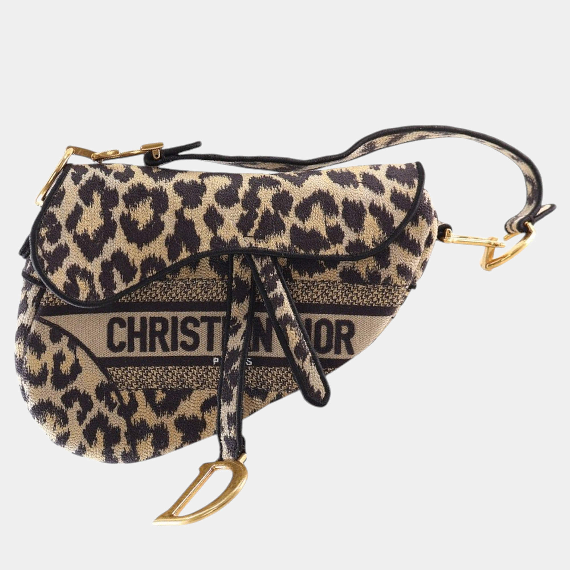 Pre Owned Dior Beige Brown Mizza Embroidered Canvas Leopard Saddle Bag