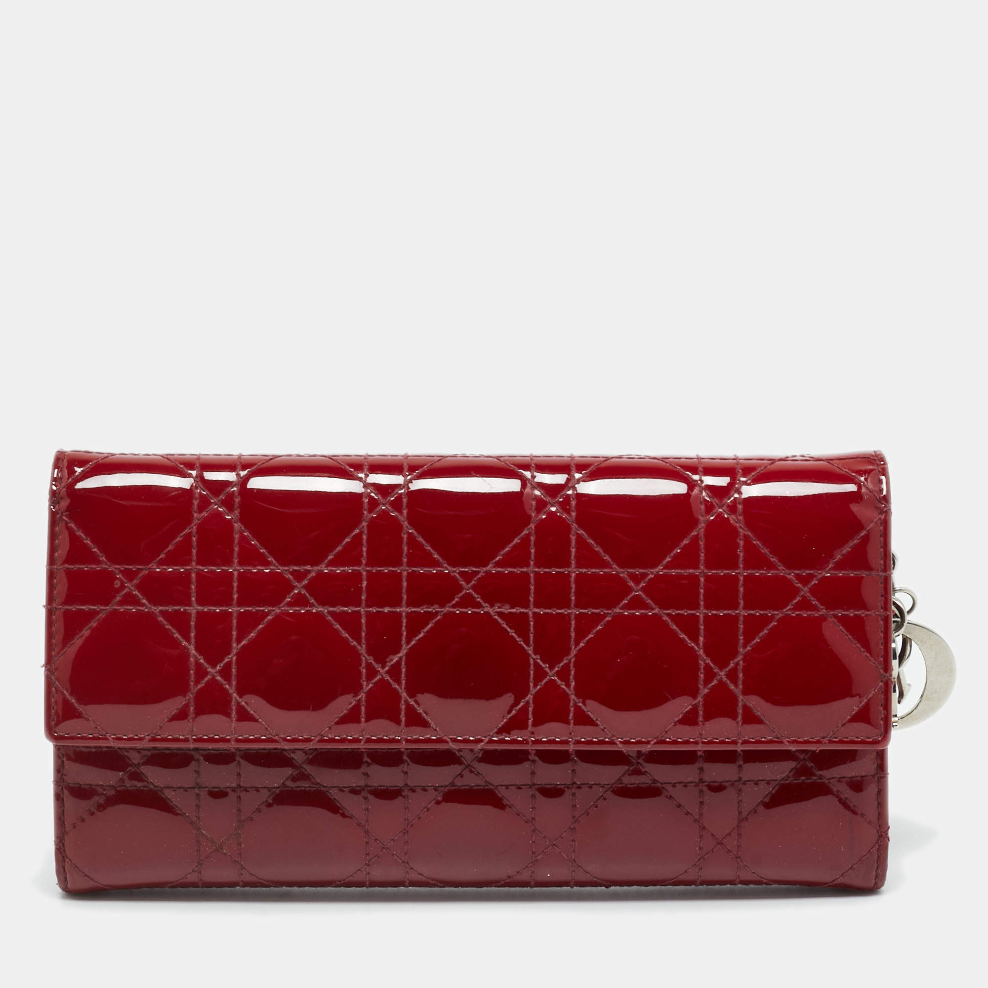 Pre Owned Dior Red Cannage Patent Leather Lady Dior Wallet On Chain