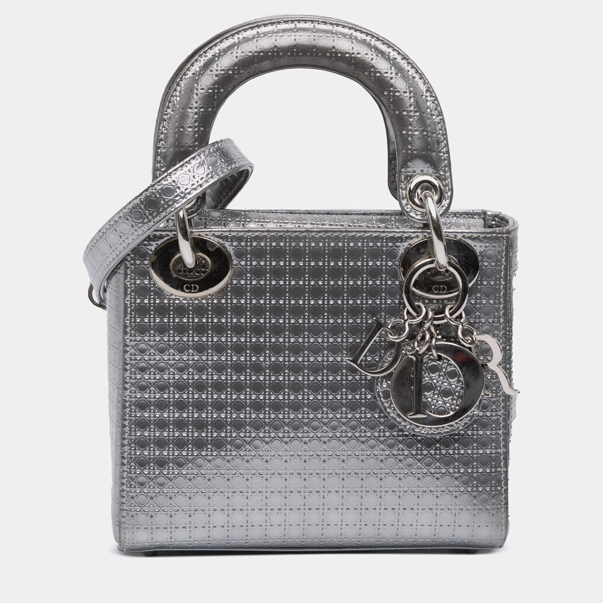 Pre Owned Dior Silver Mini Metallic Patent Microcannage Lady Dior