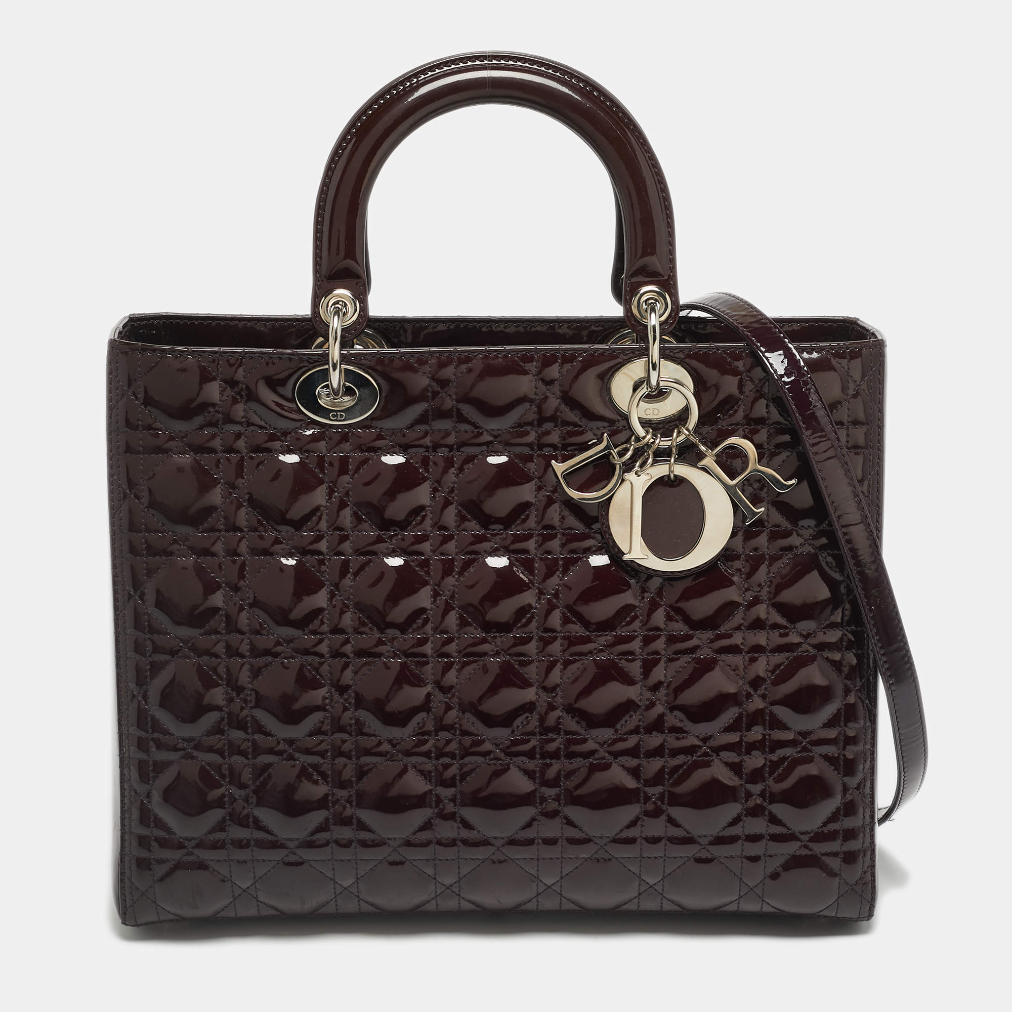 Pre Owned Dior Burgundy Patent Leather Large Lady Dior Tote Bag