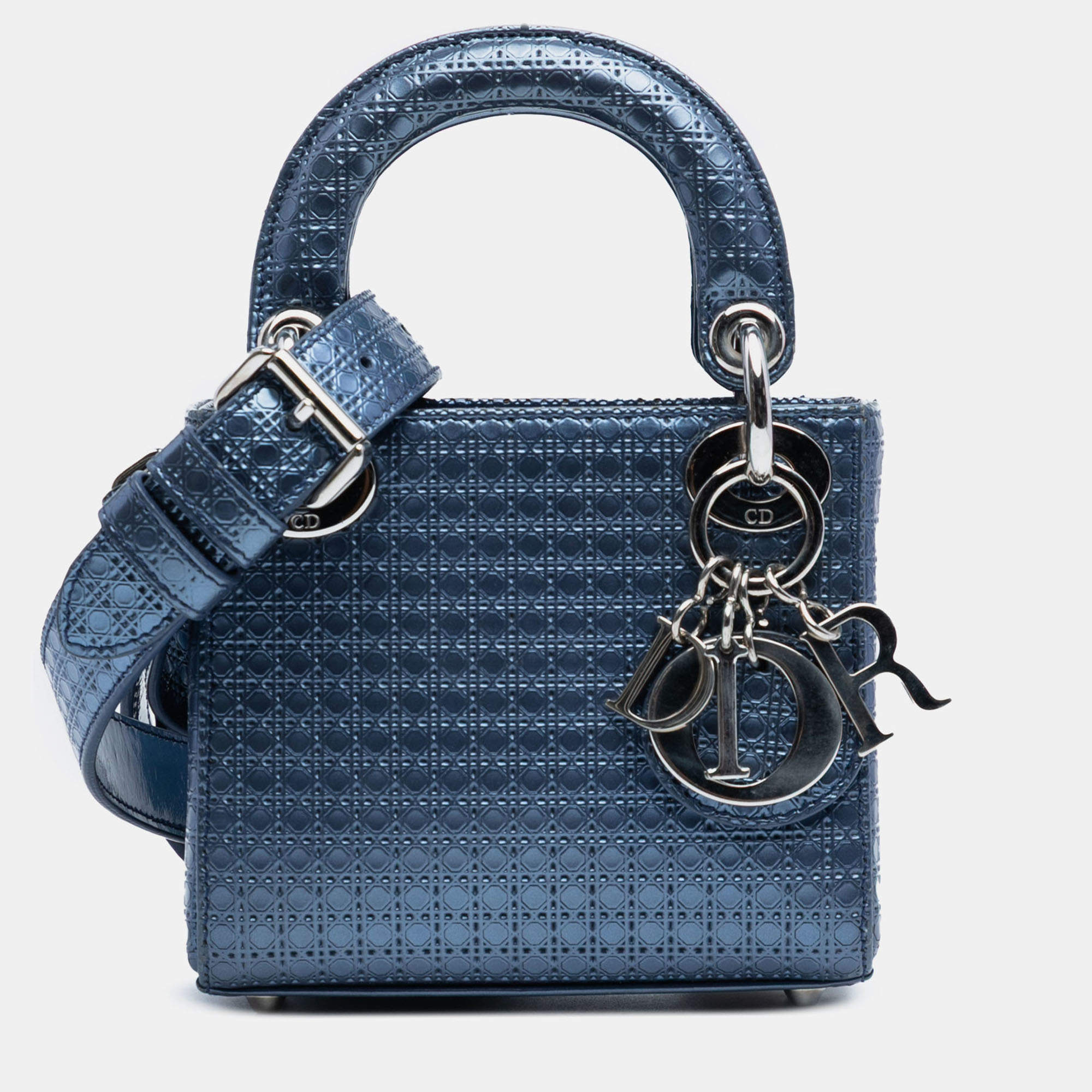 Pre Owned Dior Blue Mini Metallic Patent Microcannage Lady Dior