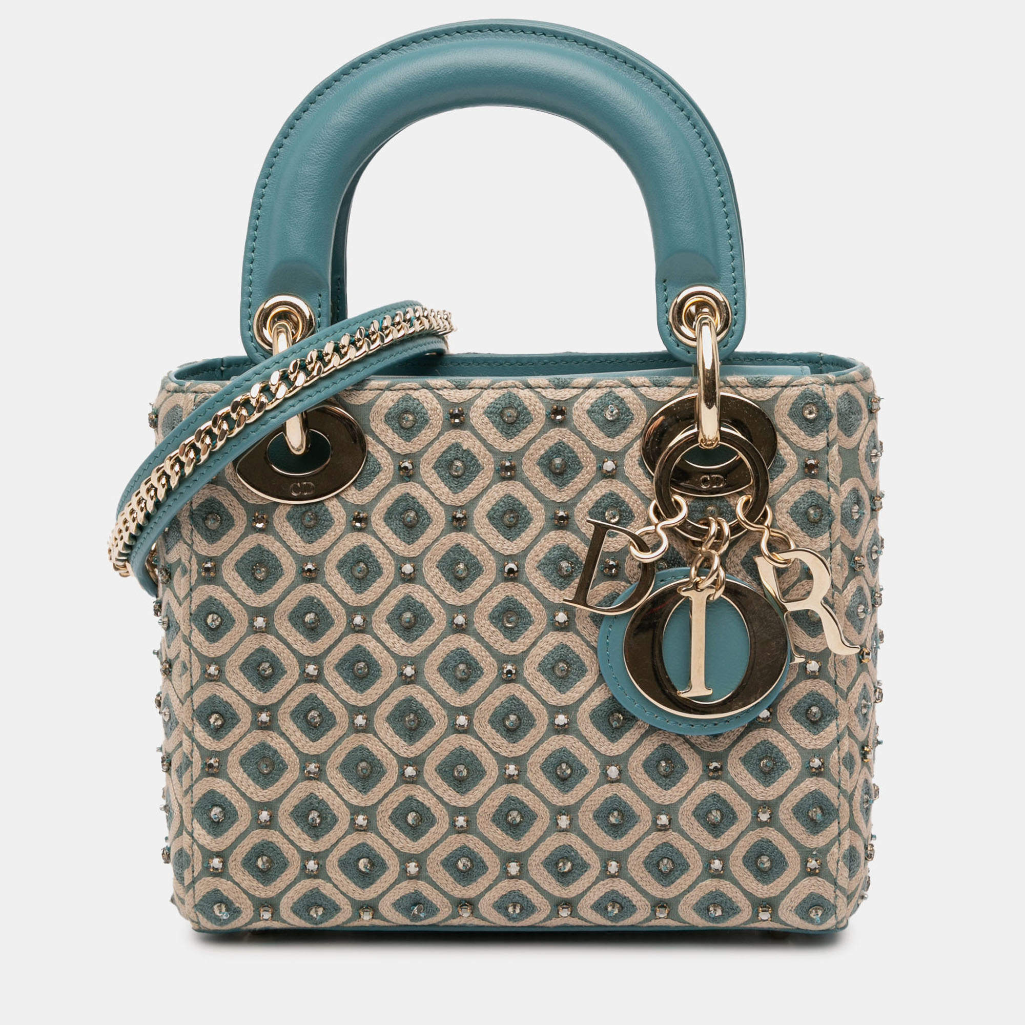 Pre Owned Dior Beige/See Green Mini Canvas Honeycomb Embroidery Crystal Lady Dior