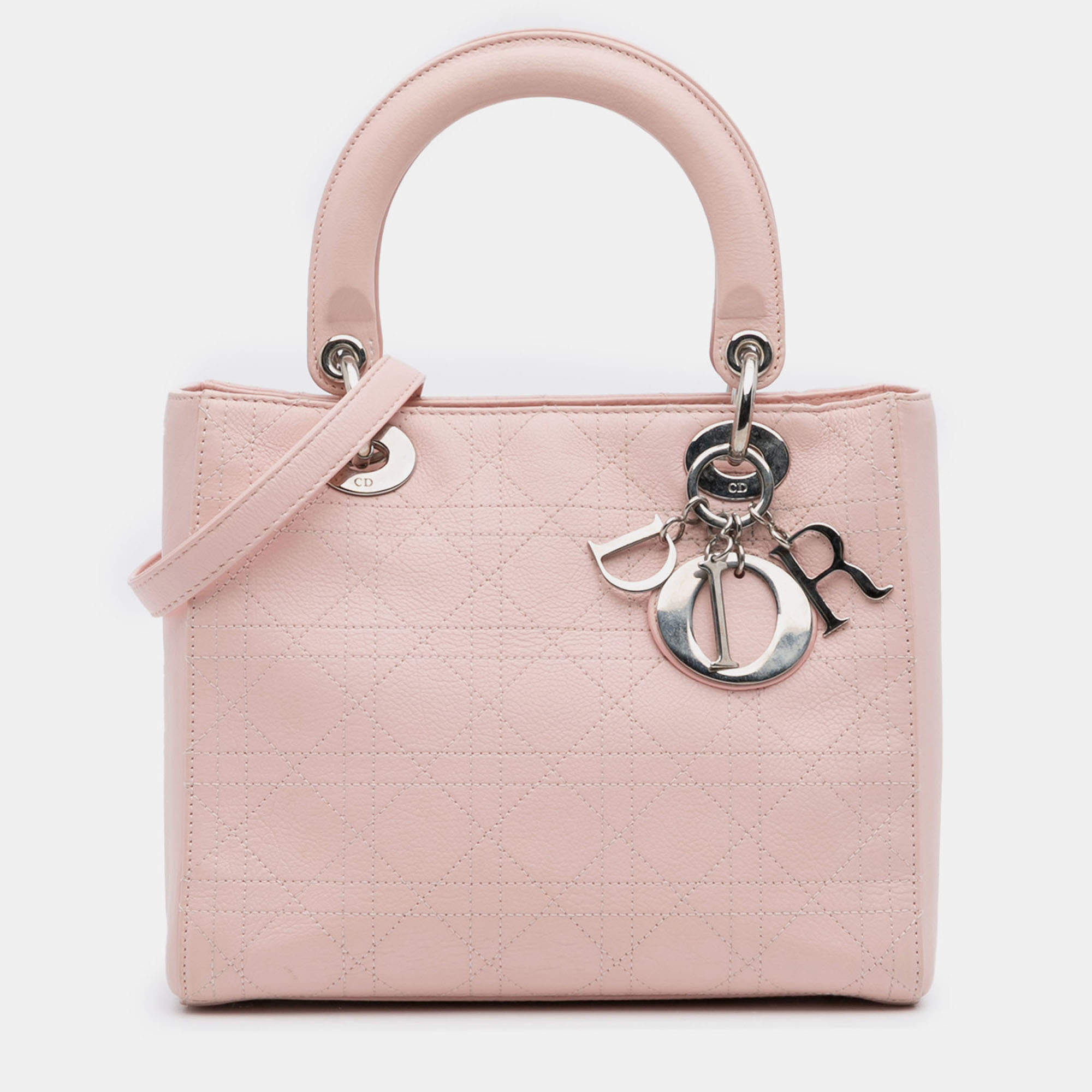 Pre Owned Dior Pink Medium Calfskin Cannage Stitched Lady Dior
