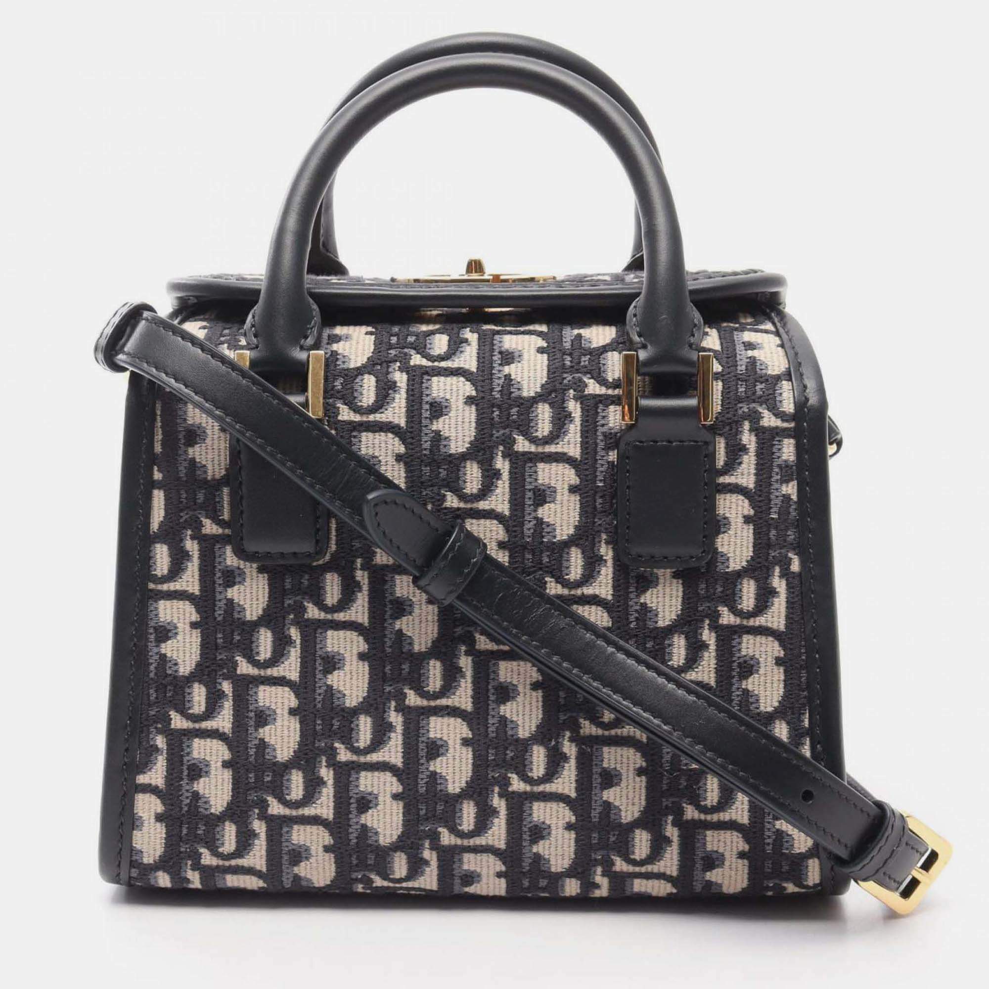 Pre Owned Christian Dior Dior Oblique Tote Bag Canvas And Leather Beige Navy