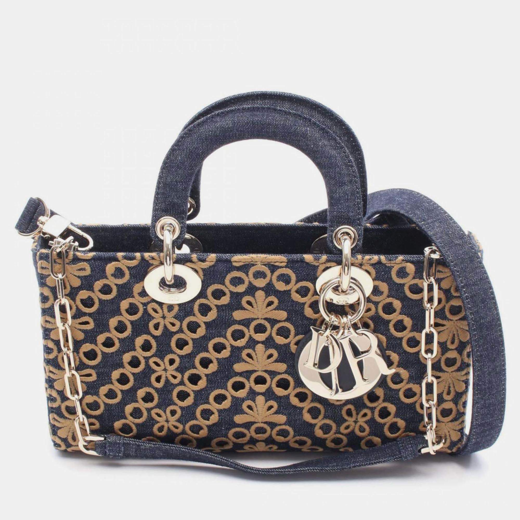 Pre Owned Christian Dior Dior Lady D-Joy Medium Handbag Denim Navy Brown
