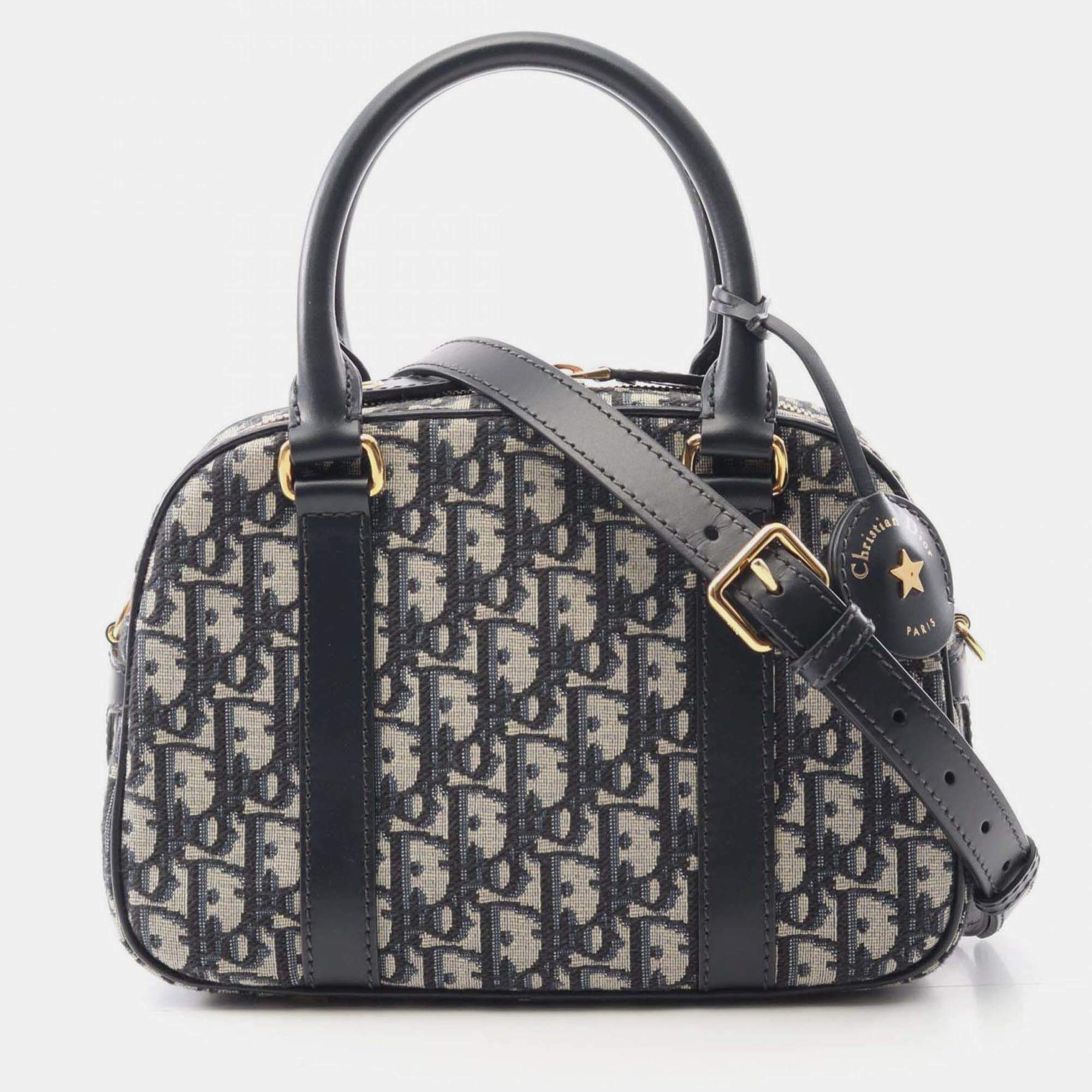 Pre Owned Christian Dior Dior D-Vibe Medium Oblique Bowling Bag Canvas And Leather Ivory Black Blue
