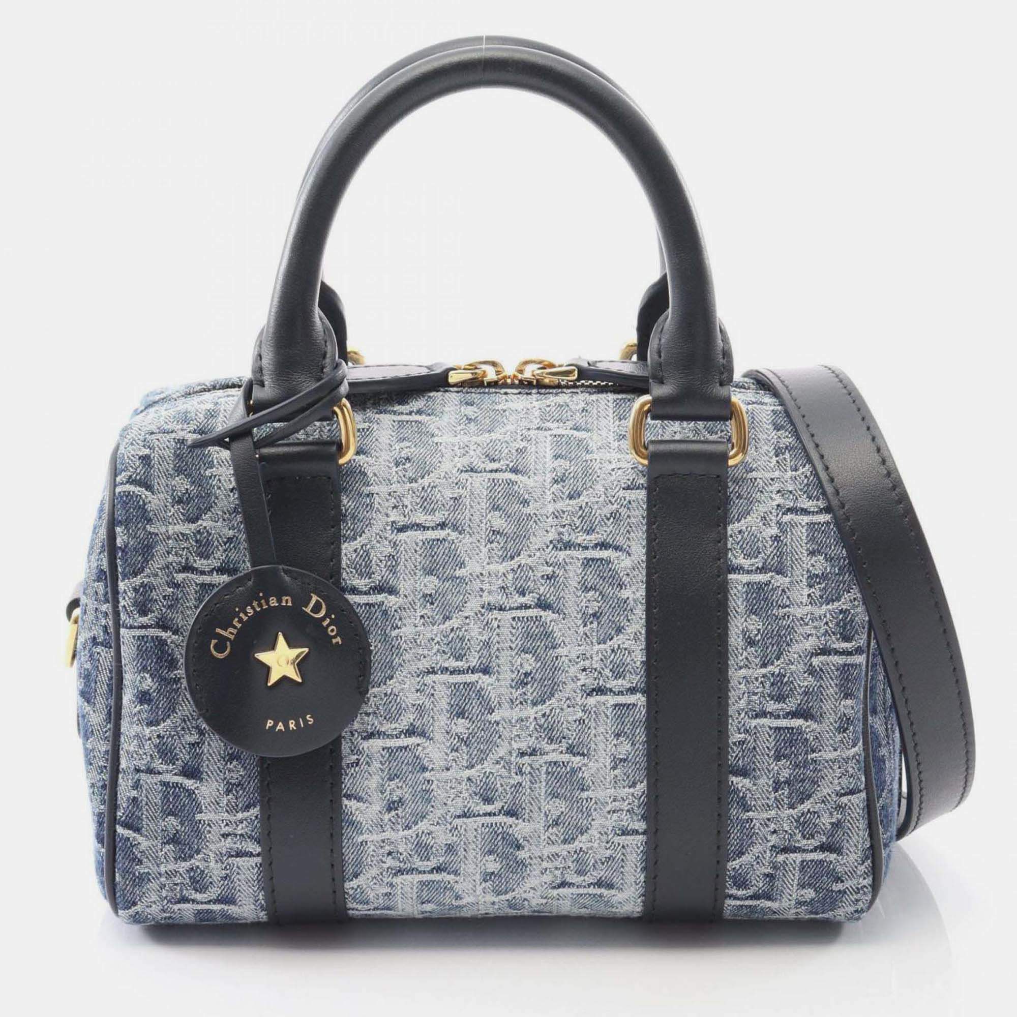 Pre Owned Christian Dior Dior Groove 20 Small Oblique Jacquard Handbag In Denim And Leather Navy Blue