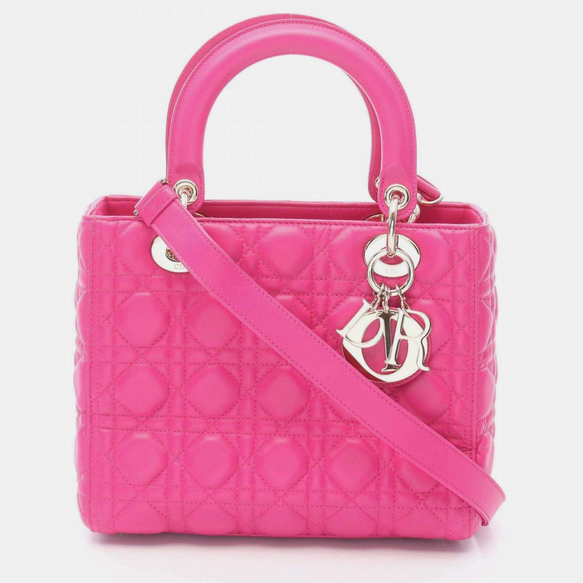 Pre Owned Christian Dior Dior Lady Cannage Handbag Leather Pink