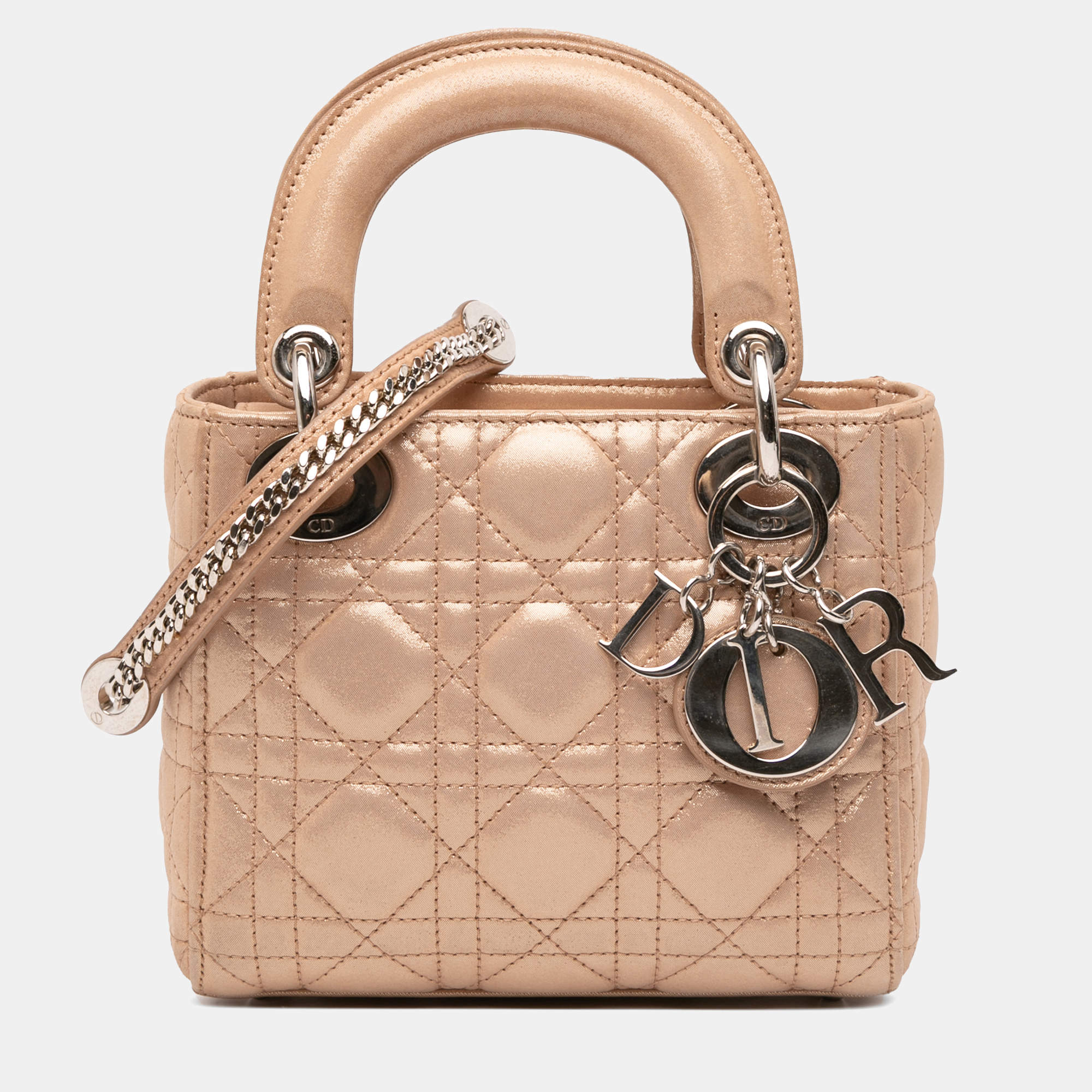 Pre Owned Dior Gold Mini Iridescent Lambskin Cannage Lady Dior