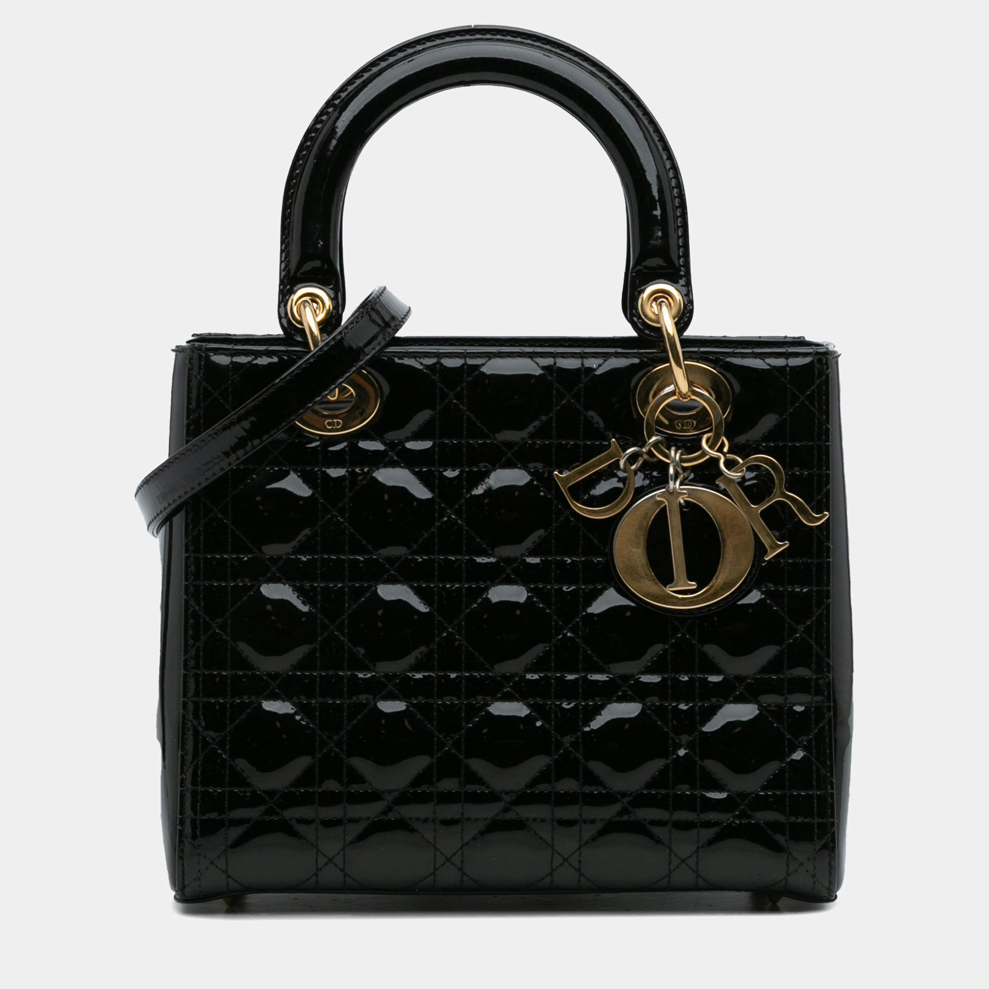 Pre Owned Dior Black Medium Patent Cannage Lady Dior