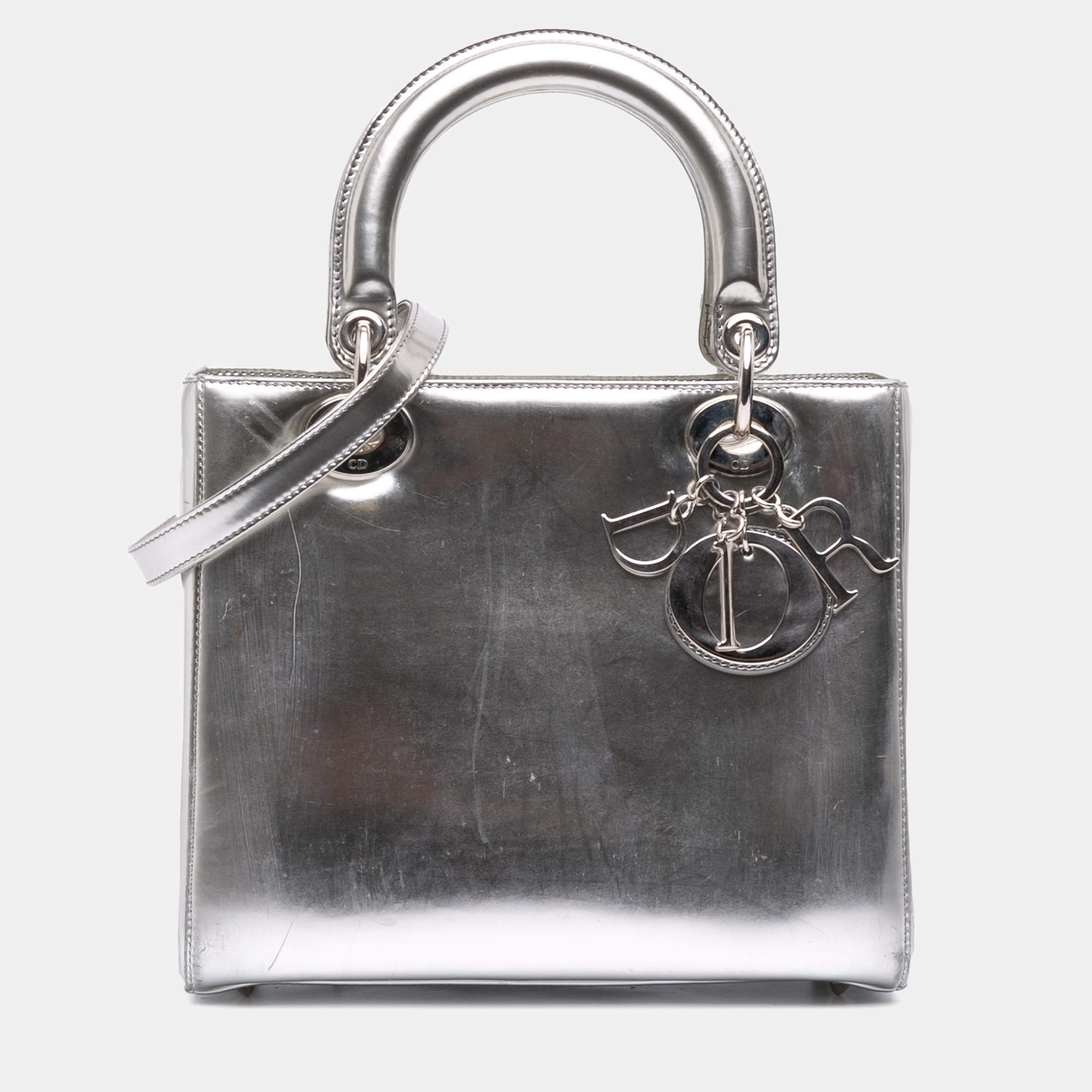 Pre Owned Dior Silver Medium Metallic Patent Lady Dior