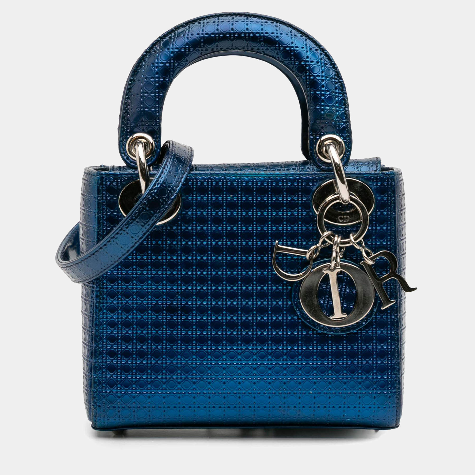 Pre Owned Dior Blue Mini Metallic Patent Microcannage Lady Dior