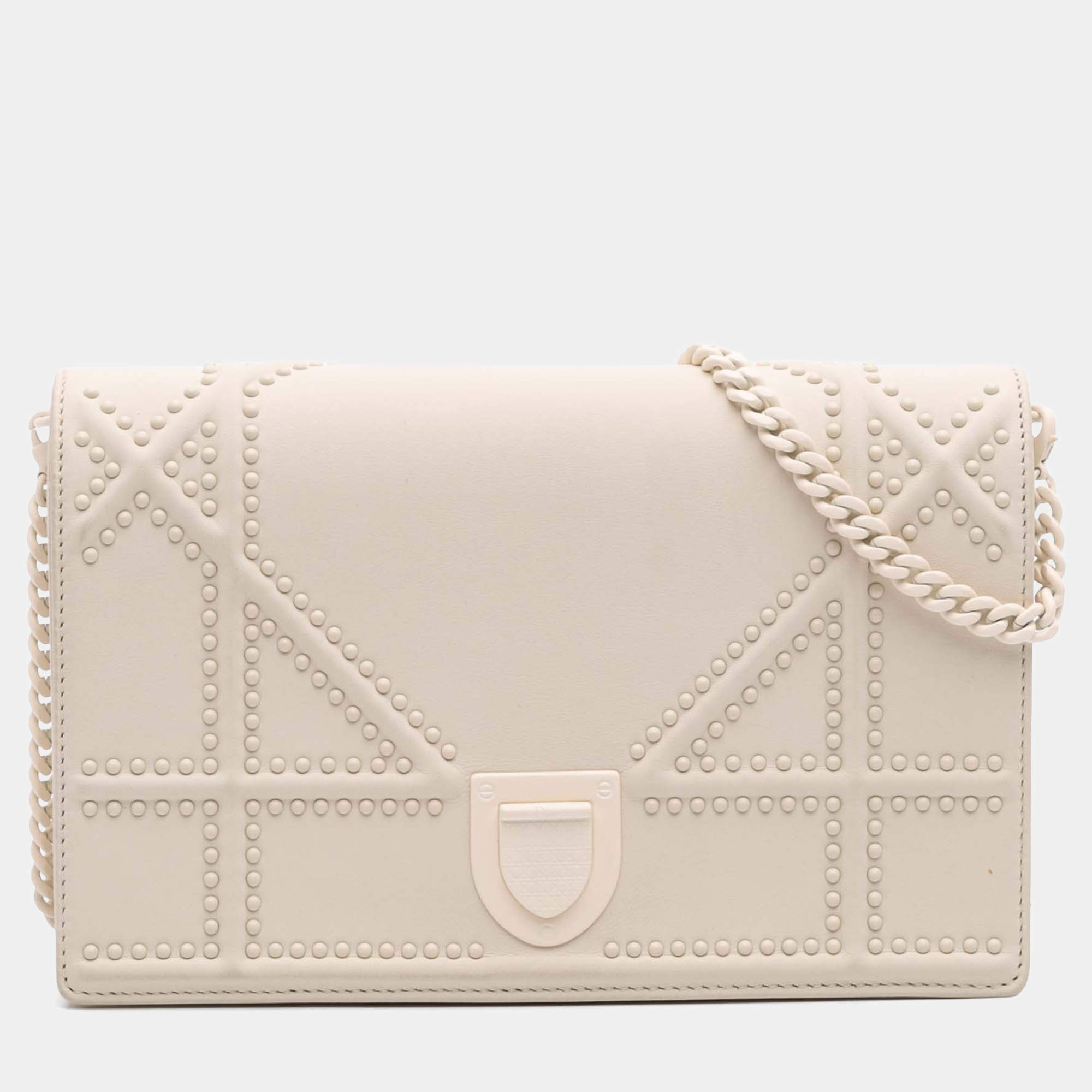 Pre Owned Dior White Small Ultra Matte Studded Calfskin Diorama Wallet on Chain