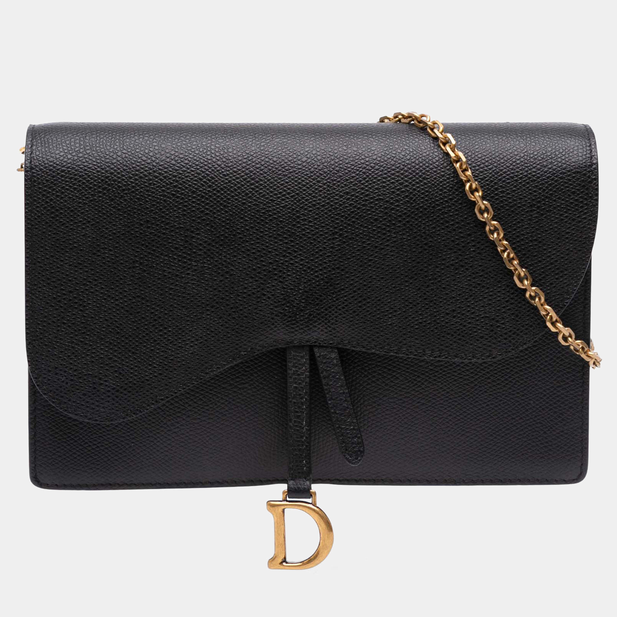 Pre Owned Dior Black Grained Calfskin Saddle Chain Pouch