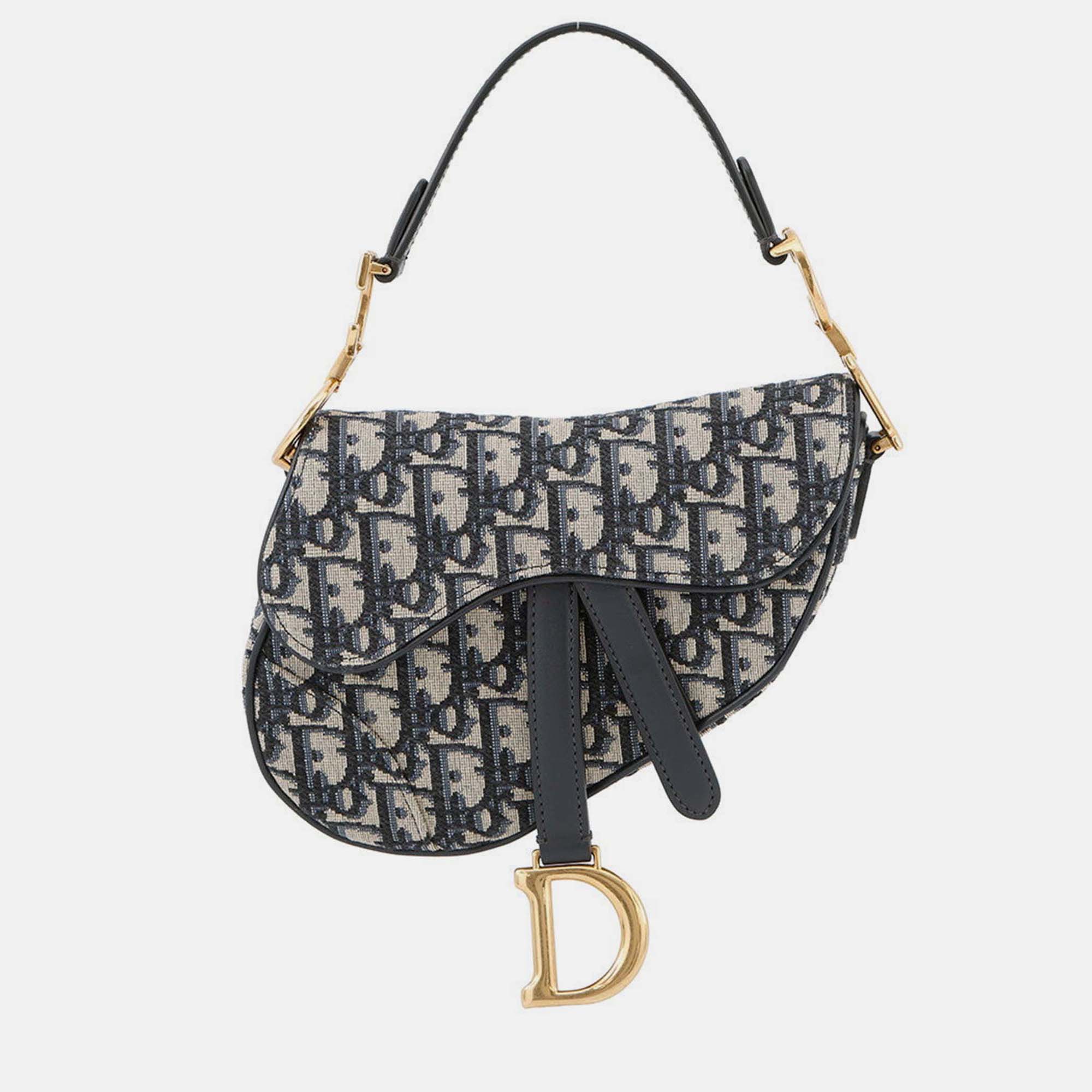 Pre Owned Dior Oblique Saddle Handbag Navy Canvas Leather Size Mini