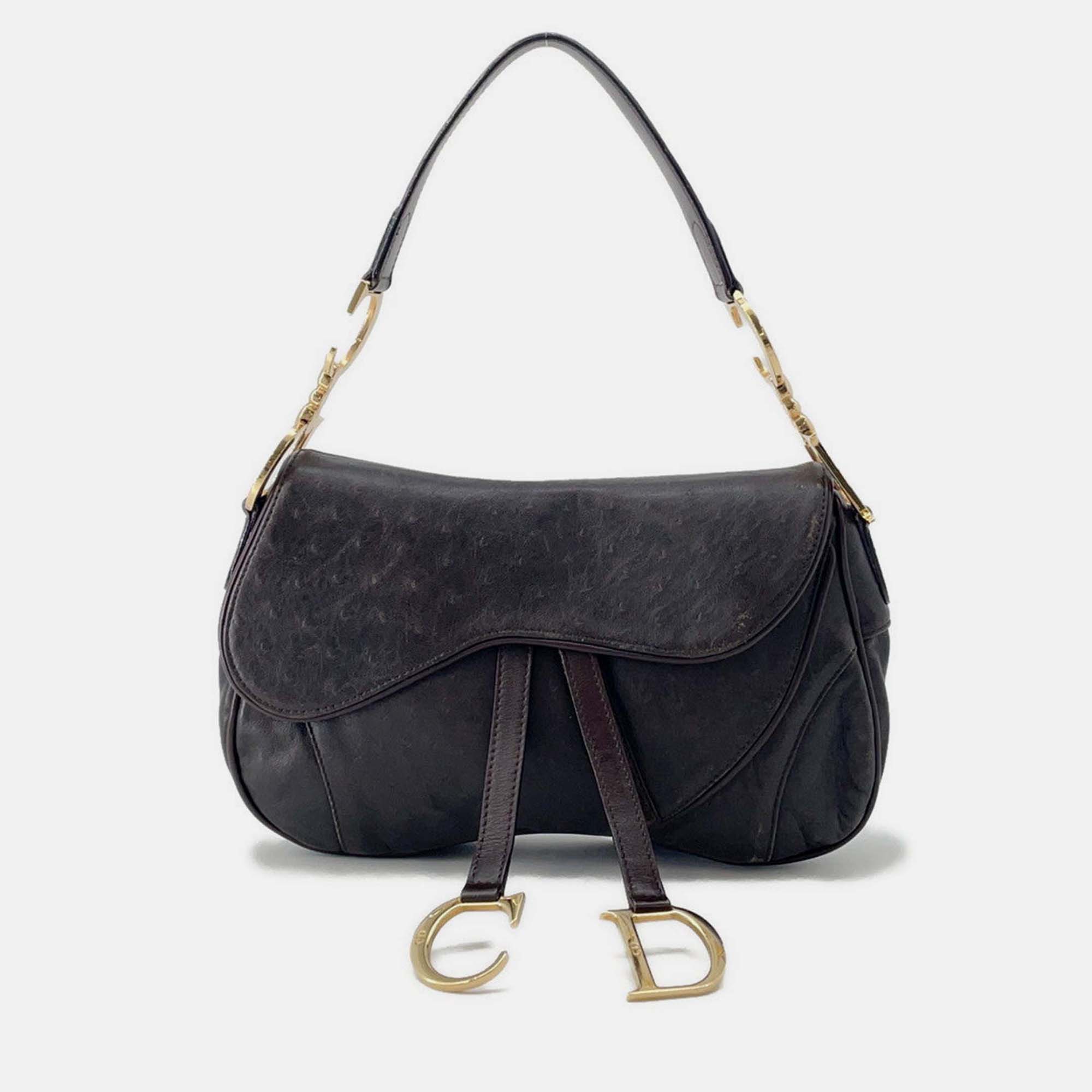 Pre Owned Dior Saddle One shoulder Bag Brown Autruche Embossed Leather