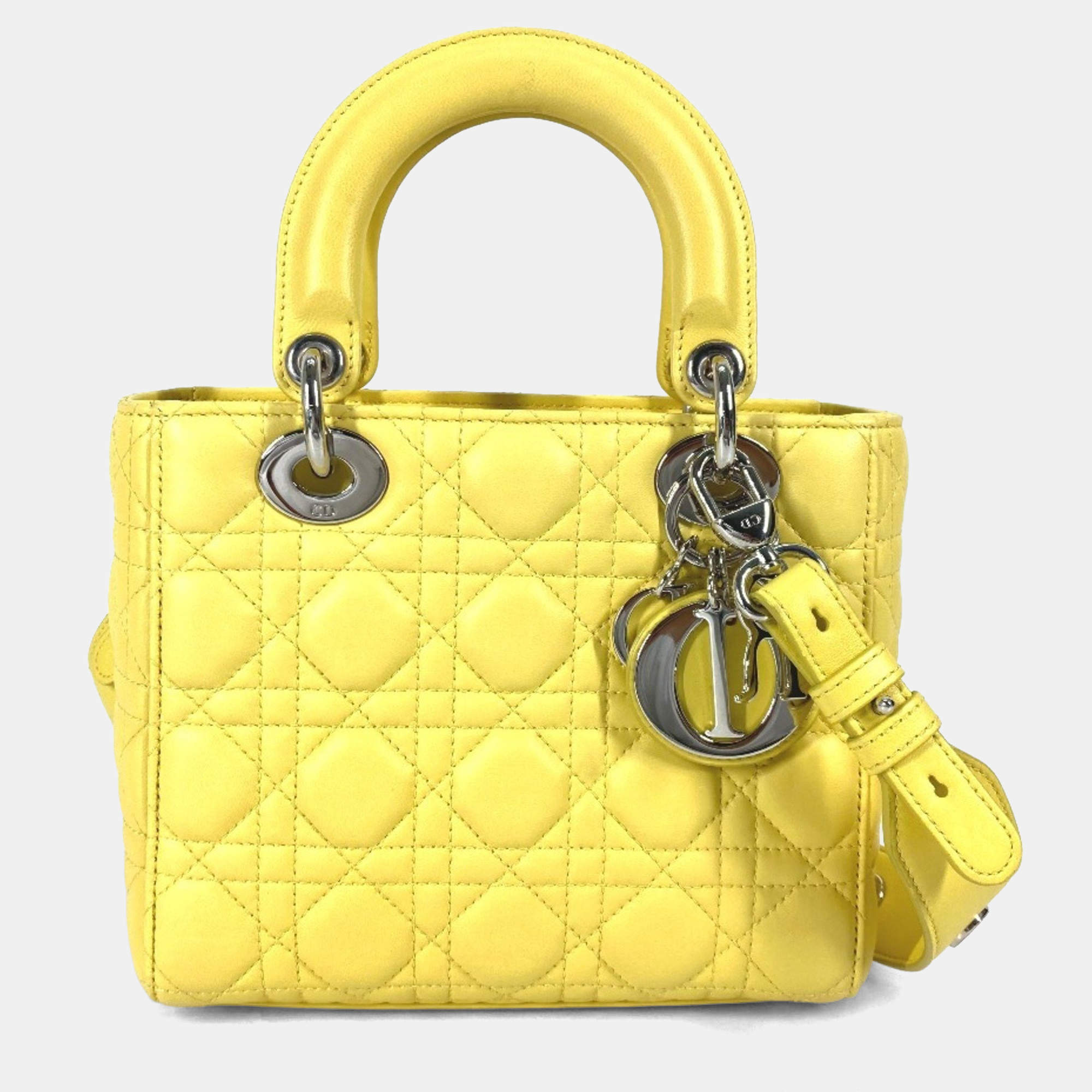 Pre Owned Christian Dior Lady My Abcdior 2-Way Handbag Star Shoulder Bag Lambskin Yellow
