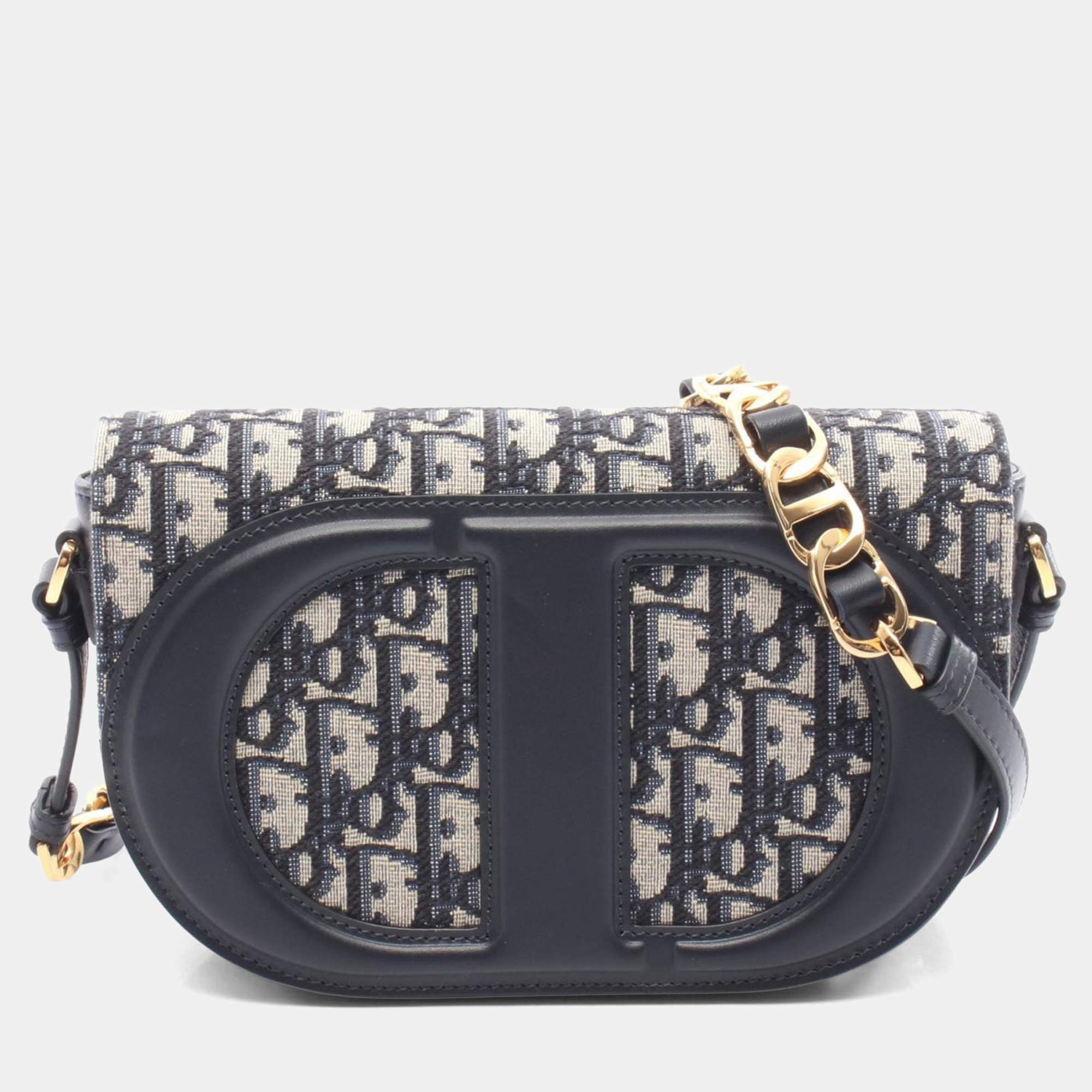 Pre Owned Christian Dior Dior Cd Signature Oblique Camera Bag Shoulder Canvas Leather Beige/Navy