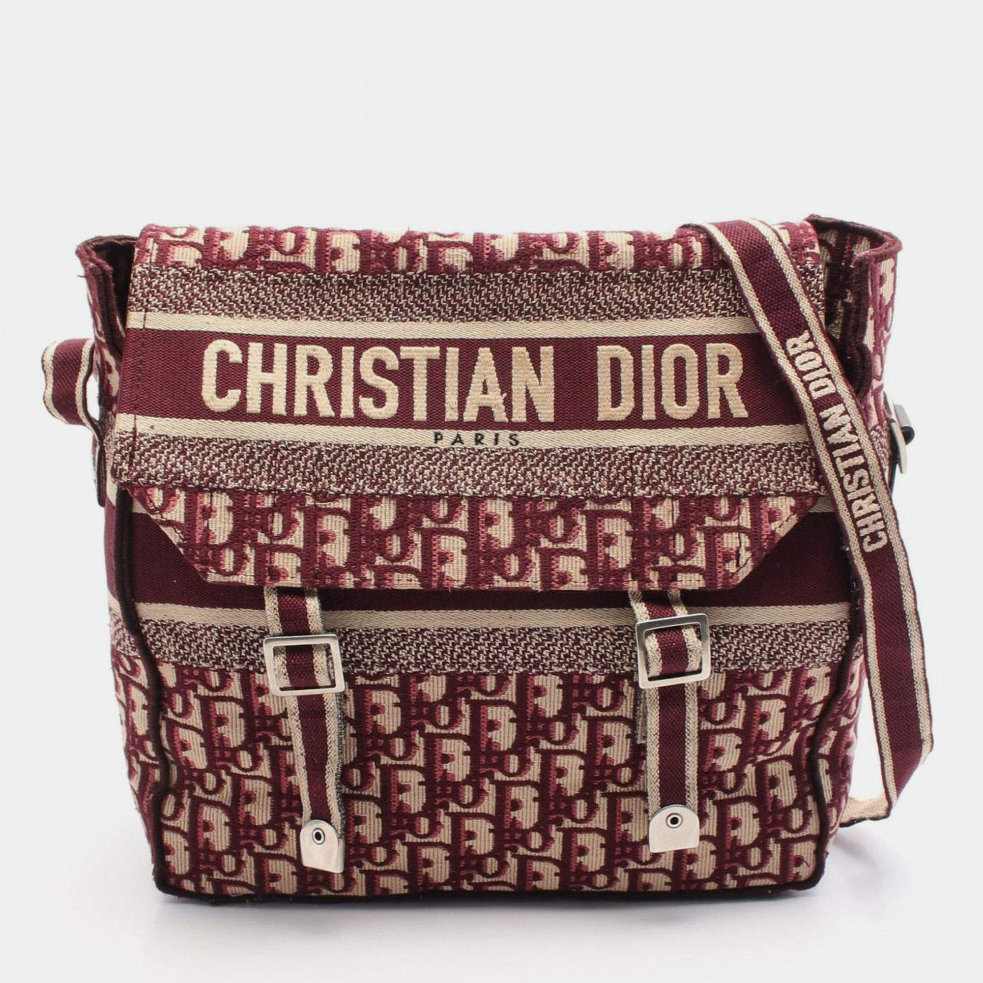 Pre Owned Christian Dior Dior Camp Oblique Shoulder Bag Canvas Bordeaux/Beige